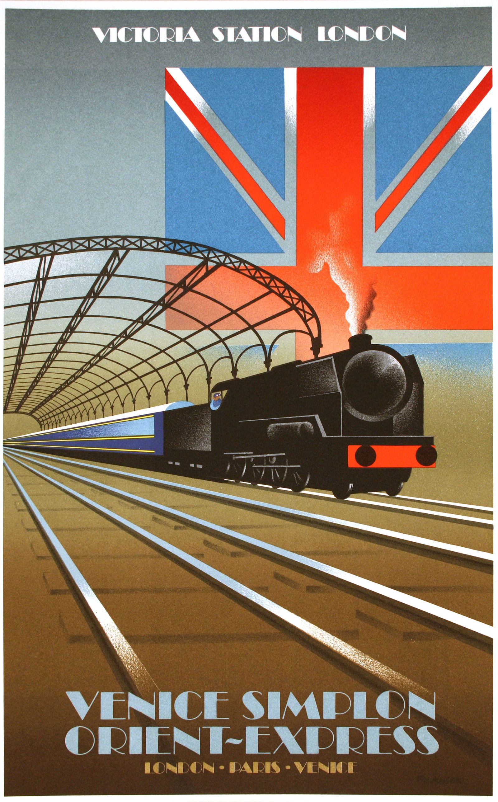 Original Vintage Poster for Venice Simplon Orient Express by Fix Masseau 1982 - Victoria Station: Venice Simplon – Victoria Station is a 1982 French Travel poster by Fix Masseau (1905-1994) for the re-launch of the Venice Simplon Orient Express rail line. It features the Victoria Station in Lond