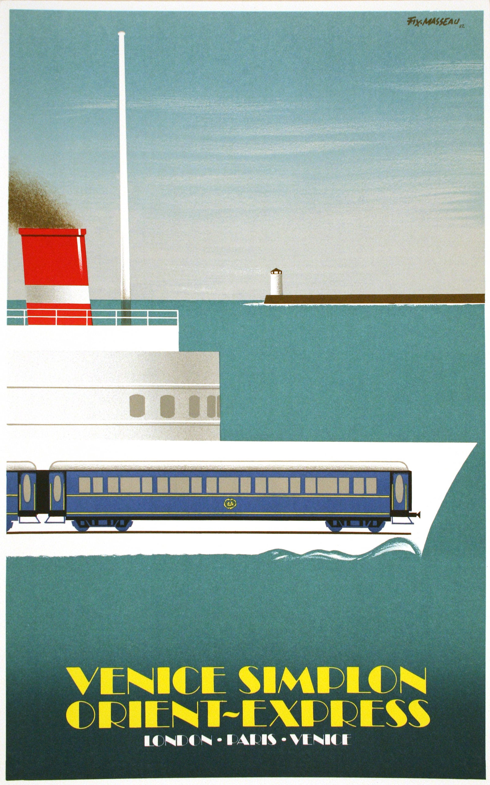 Original Vintage Poster for the Venice Simplon Orient Express 1982 - The Crossing of the Channel: Venice Simplon - Crossing the Channel is a 1982 French Travel poster by Fix Masseau (1905-1994) for the re-launch of the Venice Simplon Orient Express rail line. This poster advertises the route that