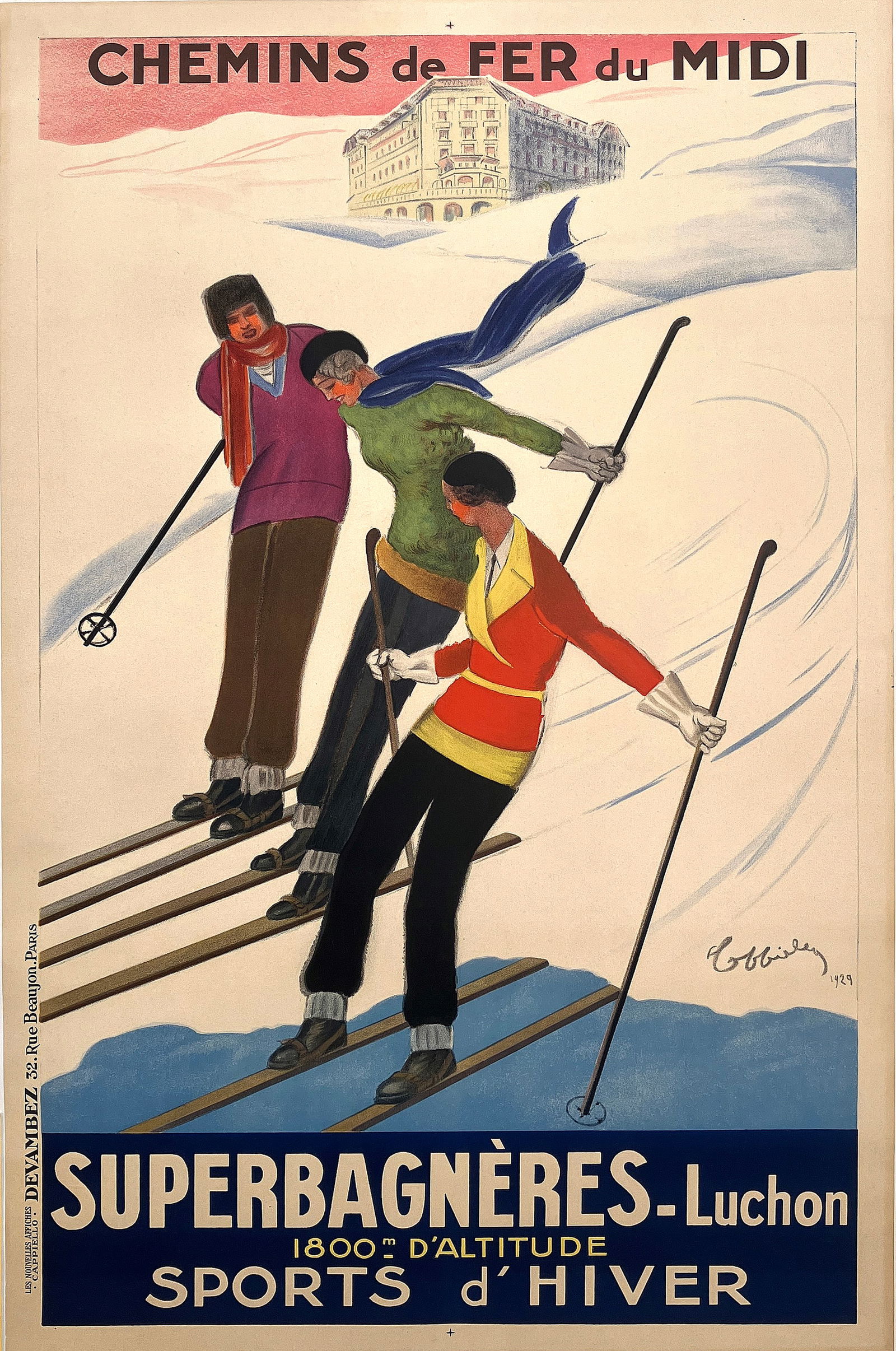 Original Vintage Cappiello Superbagneres Luchon Ski Poster 1929 - Rare (1 of 1)