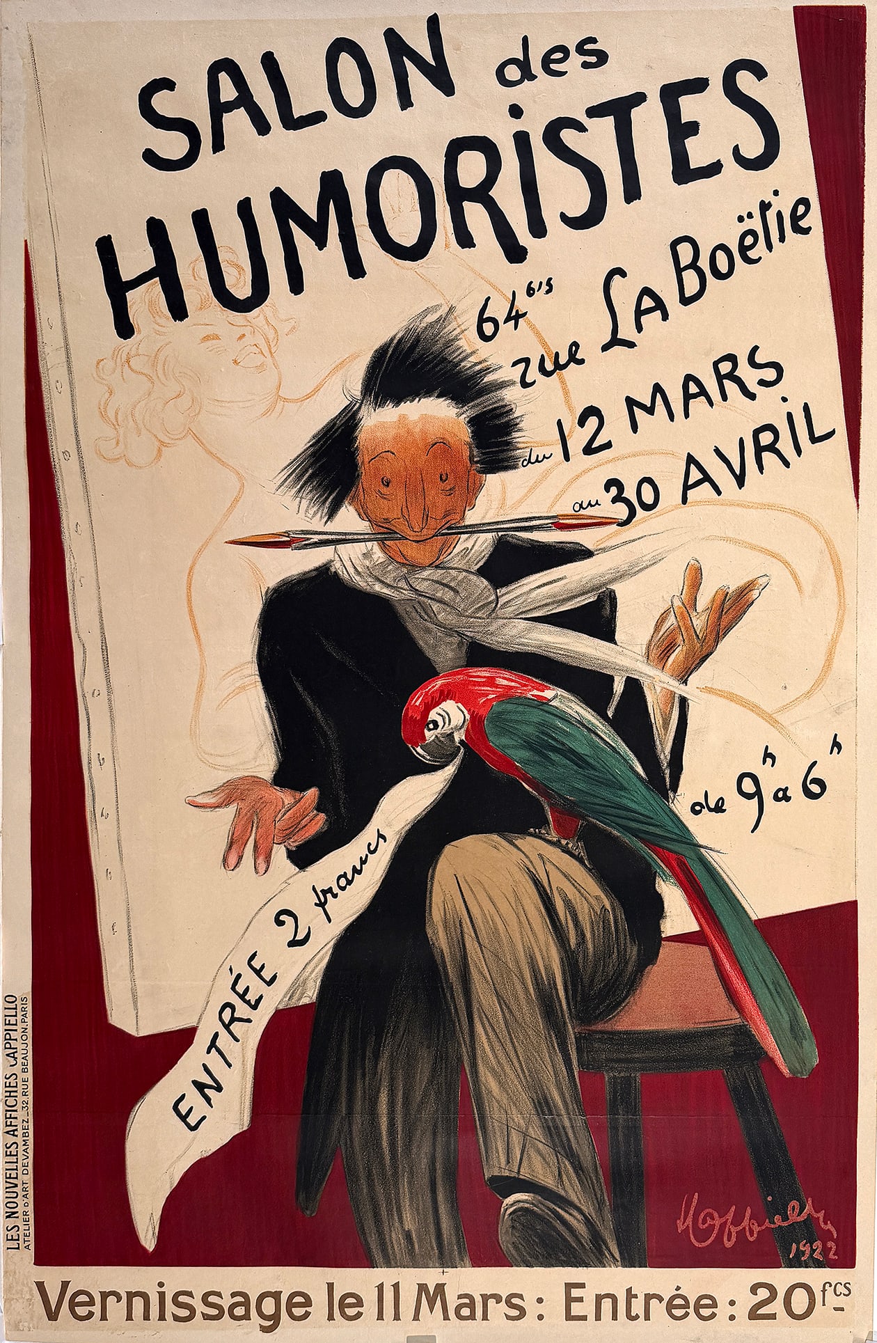 Original Vintage Cappiello Salon Des Humoristes - Cappiello & Peacock Poster 1922: This lively and theatrical French poster was created by Leonetto Cappiello (1875–1942) to promote the Salon des Humoristes, an annual exhibition dedicated to satirical, humorous, and caricature art