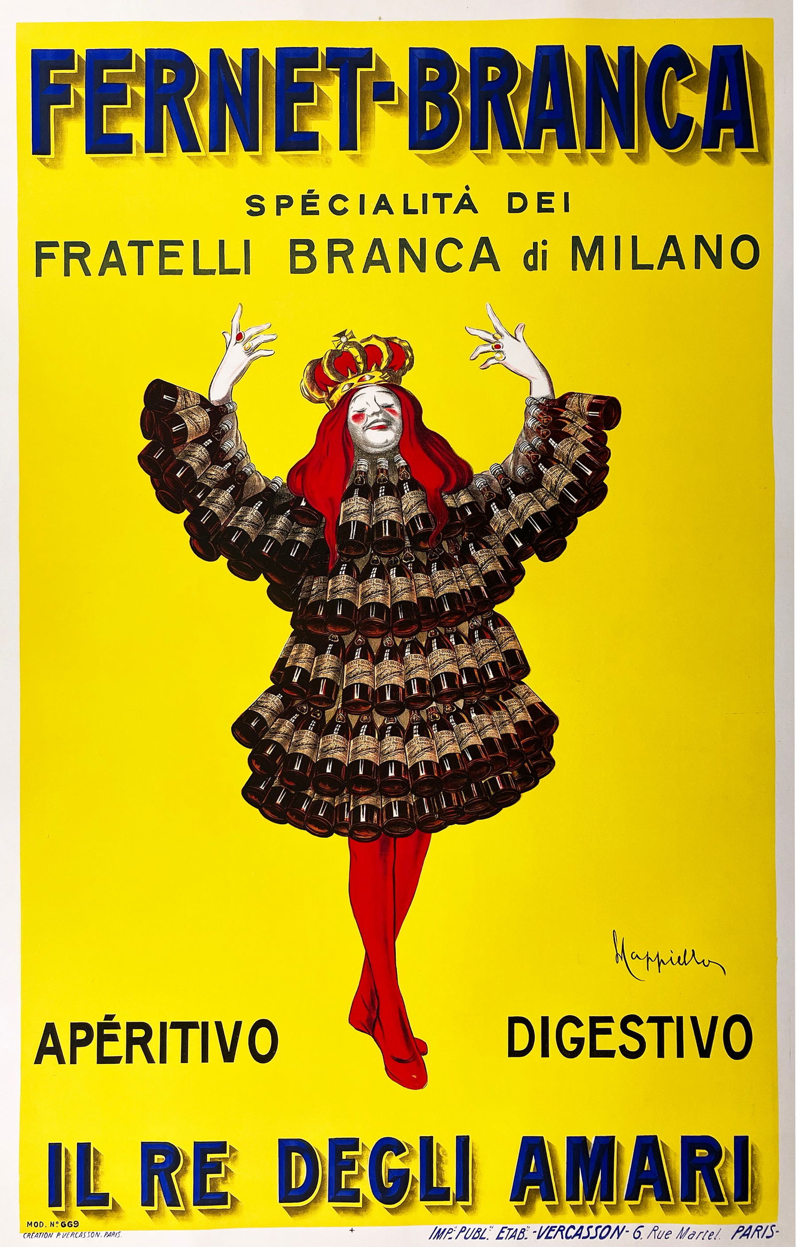 Original Vintage Cappiello Fernet Branca Poster with Italian Text 1909: In a number of posters, Cappiello gave the advertised product life by conjuring up a personality for it. He found a way either to breathe life into a commodity by adding arms, legs or a face to it