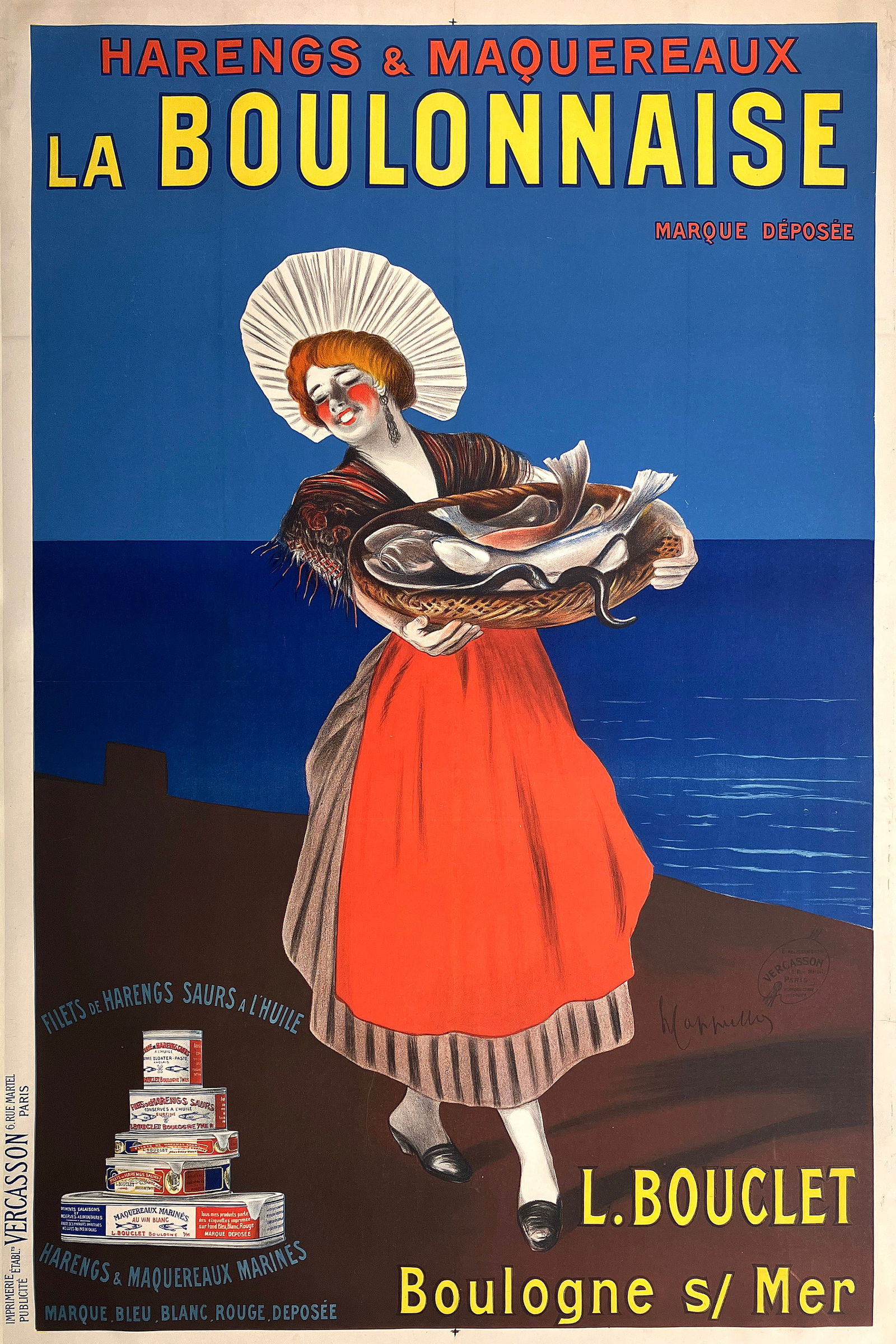 Original Vintage Poster by Leonetto Cappiello - La Boulonnaise 1912 - RARE!: This vibrant vintage advertising poster by Leonetto Cappiello promotes La Boulonnaise, a brand of preserved herring and mackerel from Boulogne-sur-Mer, France. Cappiello’s composition combines