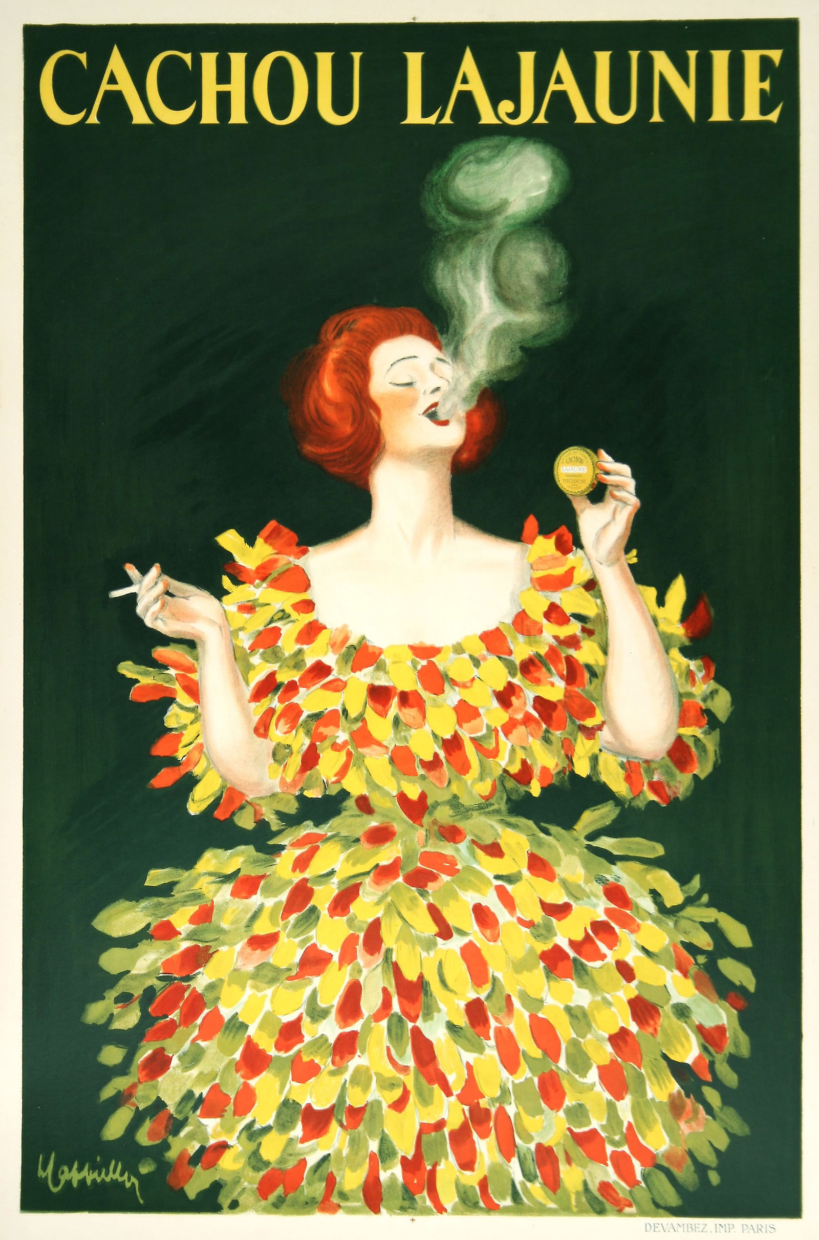 Leonetto Cappiello Original 1922 Poster for Cachou Lajaunie Breath Candy: This poster for Cachou Lajaunie was designed by famous poster artist Leonetto Cappiello. This image features a woman with red hair calmly exhaling smoke from her cigarette. Set against a deep green