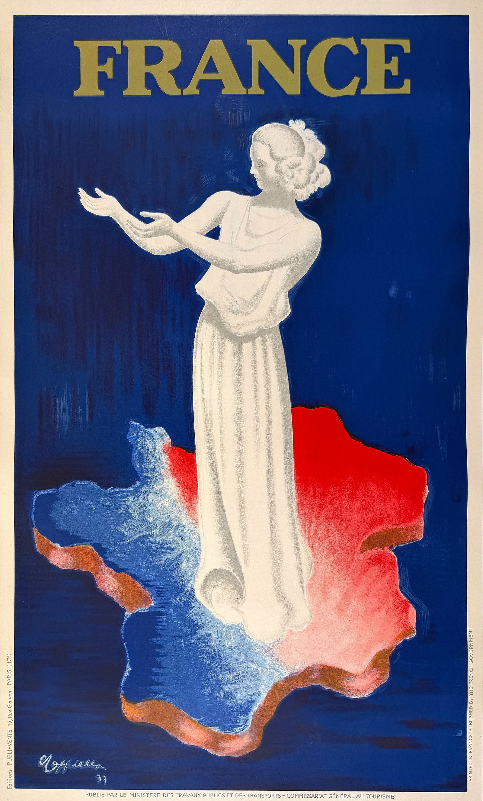 Original Leonetto Cappielloo Poster France Woman in White 1937: This elegant French travel poster was designed by Leonetto Cappiello (1875–1942), the Italian-born artist widely regarded as the father of the modern advertising poster. Created to promote tourism t