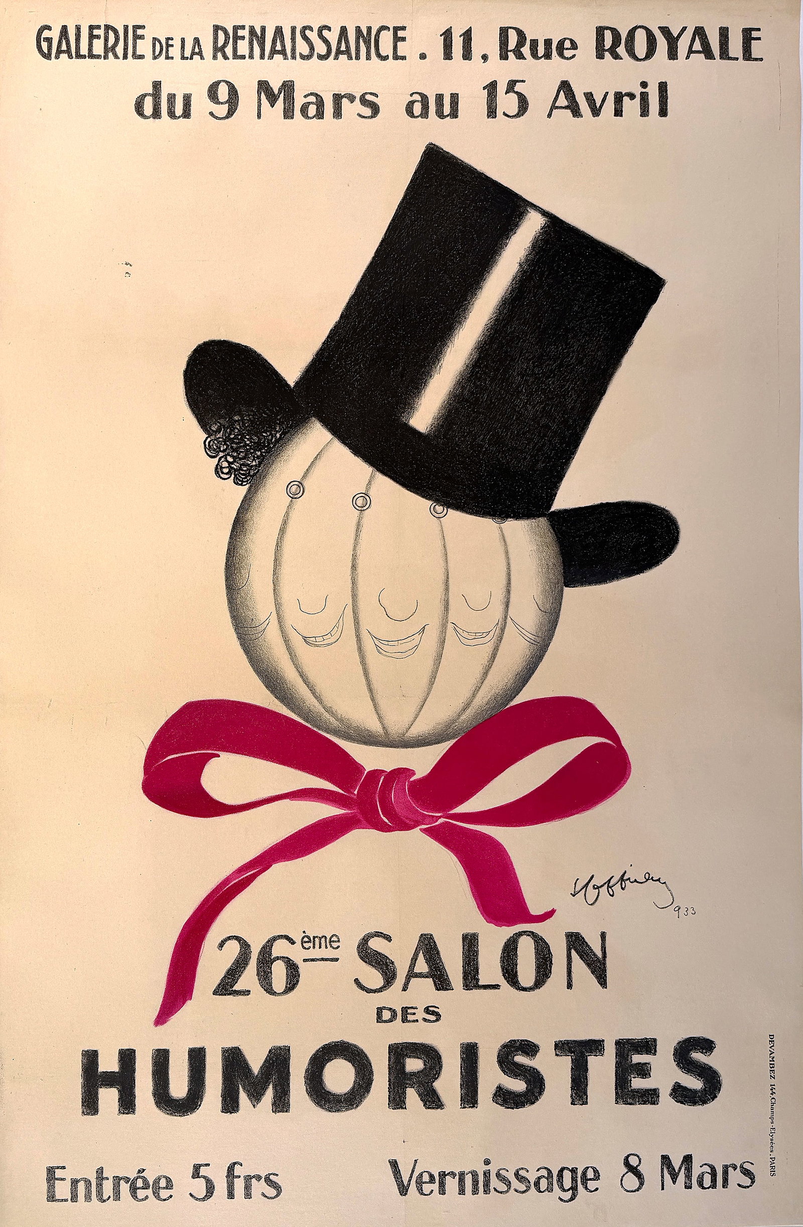 Original Vintage Cappiello 26eme Salon Des Humoristes - Poster 1933: This playful and refined French poster was created by Leonetto Cappiello (1875–1942) to promote the 26th Salon des Humoristes, held at the Galerie de la Renaissance on Rue Royale in Paris from