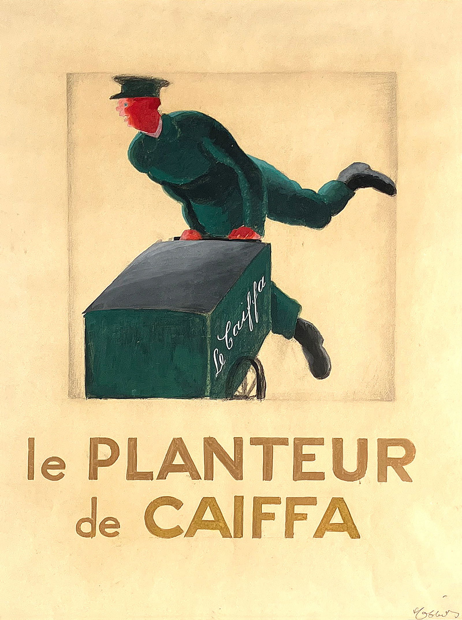 Original Gouache Maquette by Cappiello for Le Planteur d Caiffa C1928 - Rare: In the bustling streets of early 20th-century France, the figure of the "Caïffa" coffee peddler became a familiar and cherished sight. Dressed in a distinctive bottle-green uniform and cap, these