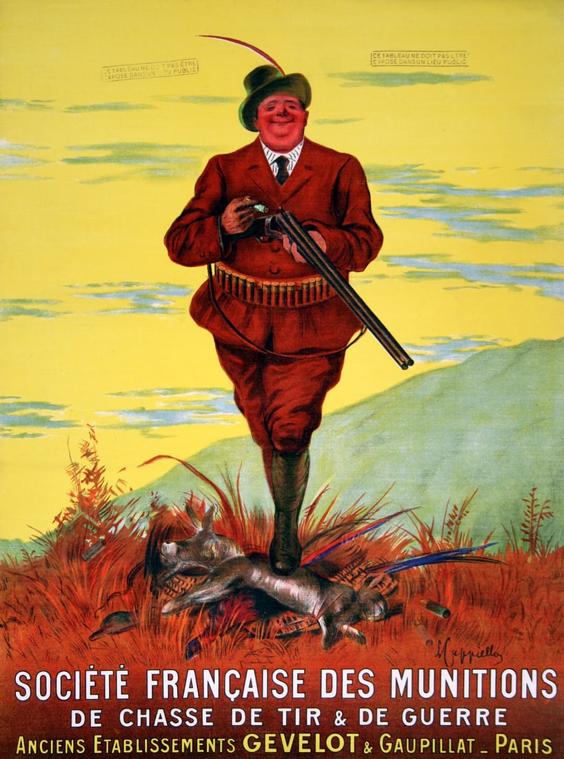 Original Vintage Cappiello Poster Societe' Francaise des Munitions 1930: Leonetto Cappiello’s poster for Société Française des Munitions presents a confident hunter in vivid scarlet attire, smiling broadly as he steps forward with rifle in hand. The bright palette