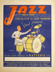 Original 1930's French Vintage Jazz Poster Featuring a Drummer by James Rassiat