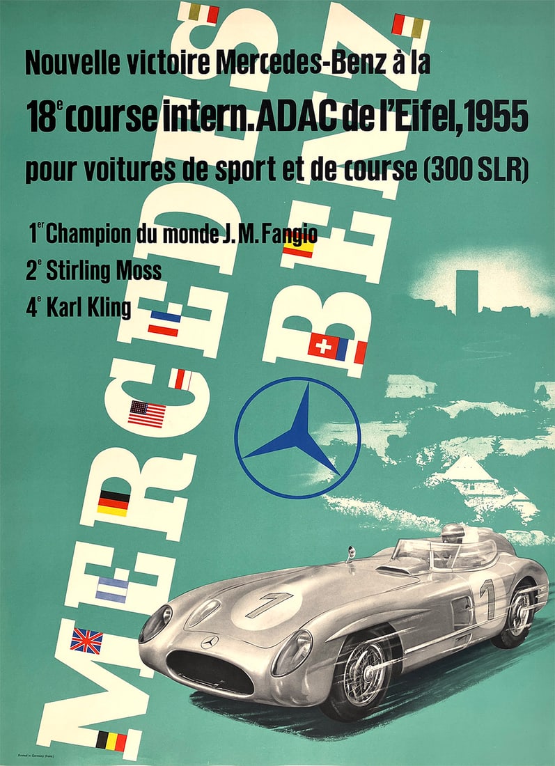 Original Vintage Mercedes Benz ADAC de l'Eifel 1955 Poster by Anton Stankowski Formula One Car Race: This poster prominently features a sleek, aerodynamic Mercedes-Benz race car, likely the iconic 300 SLR, which was a standout in the 1955 racing season. The car is depicted in a dramatic and streamlin