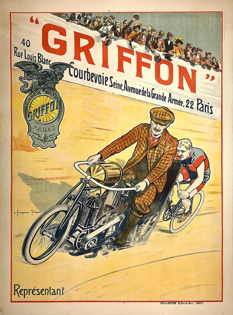 Original Vintage Griffon Cycle and Motorcycle Poster by Trianon c1898: Griffon was one of the earlier French bicycle producers, but not much history about the company has been preserved. This poster highlights not just the company's bicycles but also its motorcycles. Fam