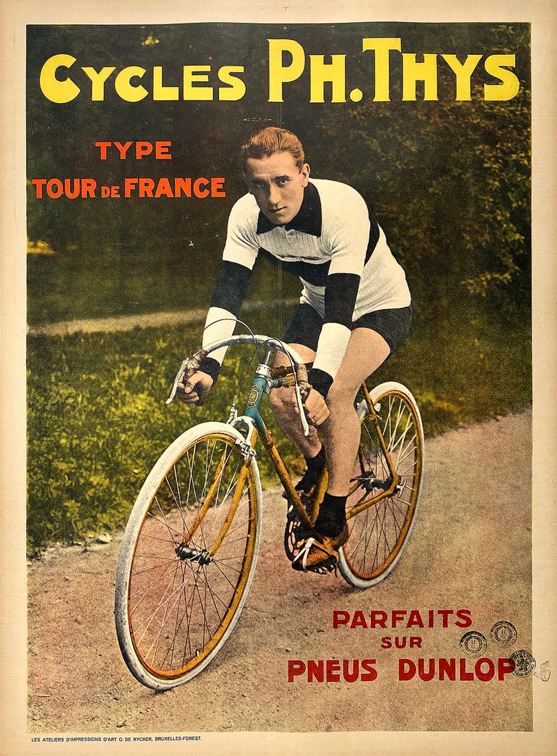 Original Vintage Cycles Ph. Thys Poster Tour de France Dunlop c1920: The Tour de France is the world's premier cycling event, and has been held every July since 1903 (with the exception of the Vichy France years of WWII). This charming poster was created by Cycles Thys