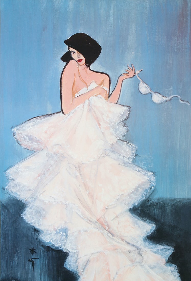 Original Vintage Woman in Blue Print by Rene Gruau 1965: Rene Gruau (1909-2004) is one of the most recognized poster artists of the 21st Century. Gruau was a fashion illustrator whose exaggerated portrayal of fashion design through painting has had a lastin