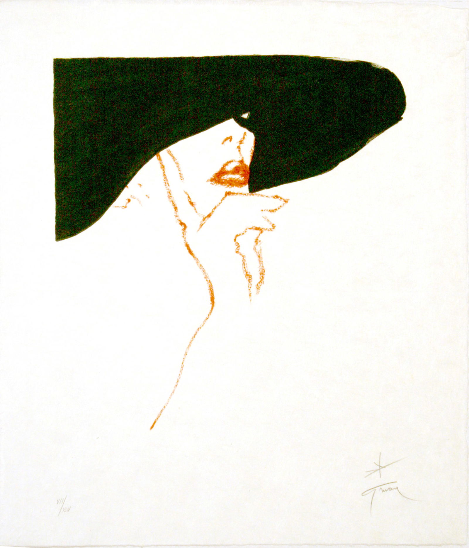 Rene Gruau Hand Signed and Numbered Print c1989 Woman in Red Outllne: Rene Gruau (1909-2004) is one of the most recognized poster artists of the 21st Century. Gruau was a fashion illustrator whose exaggerated portrayal of fashion design through painting has had a lastin