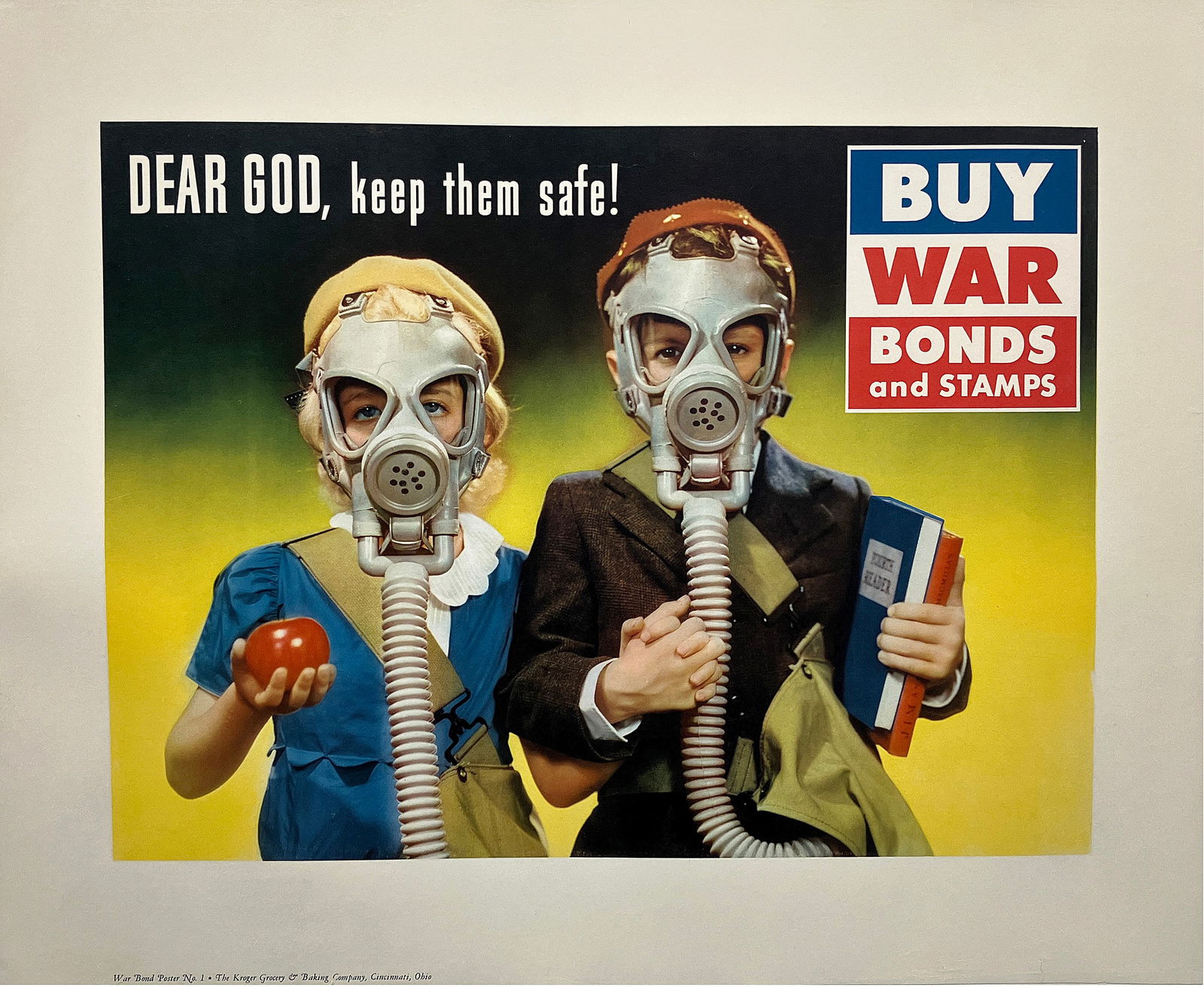 Original Vintage American WWII Poster - Dear God Keep Them Safe 1942 Published by Kroger: This striking 1942 World War II poster, published by Kroger Food, delivers a powerful home front message urging Americans to support the war effort through the purchase of War Bonds and Stamps. The im