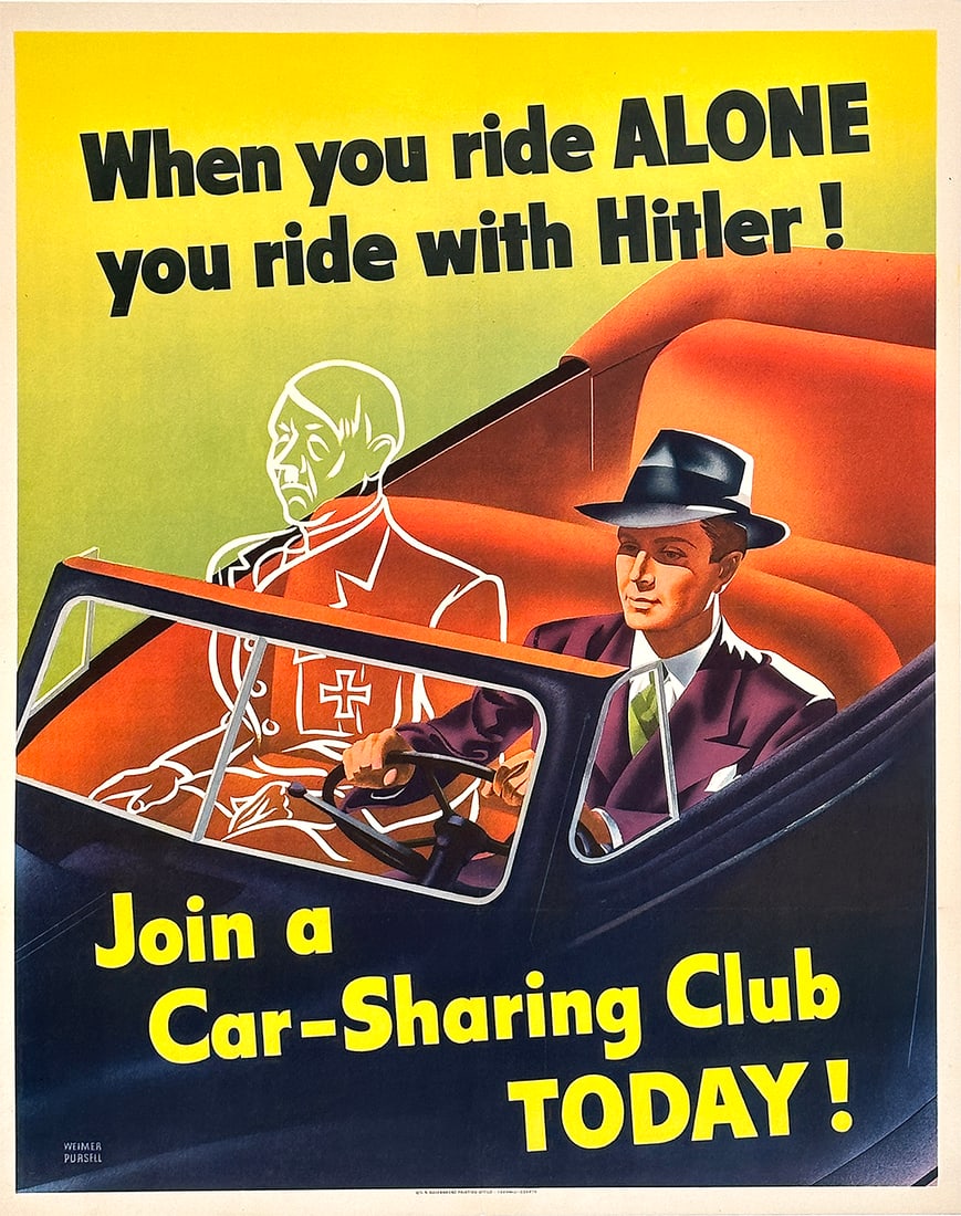 Original Vintage WWII Poster When You Ride Alone You Ride with Hitler Weimer Pursell 1943 (1 of 1)