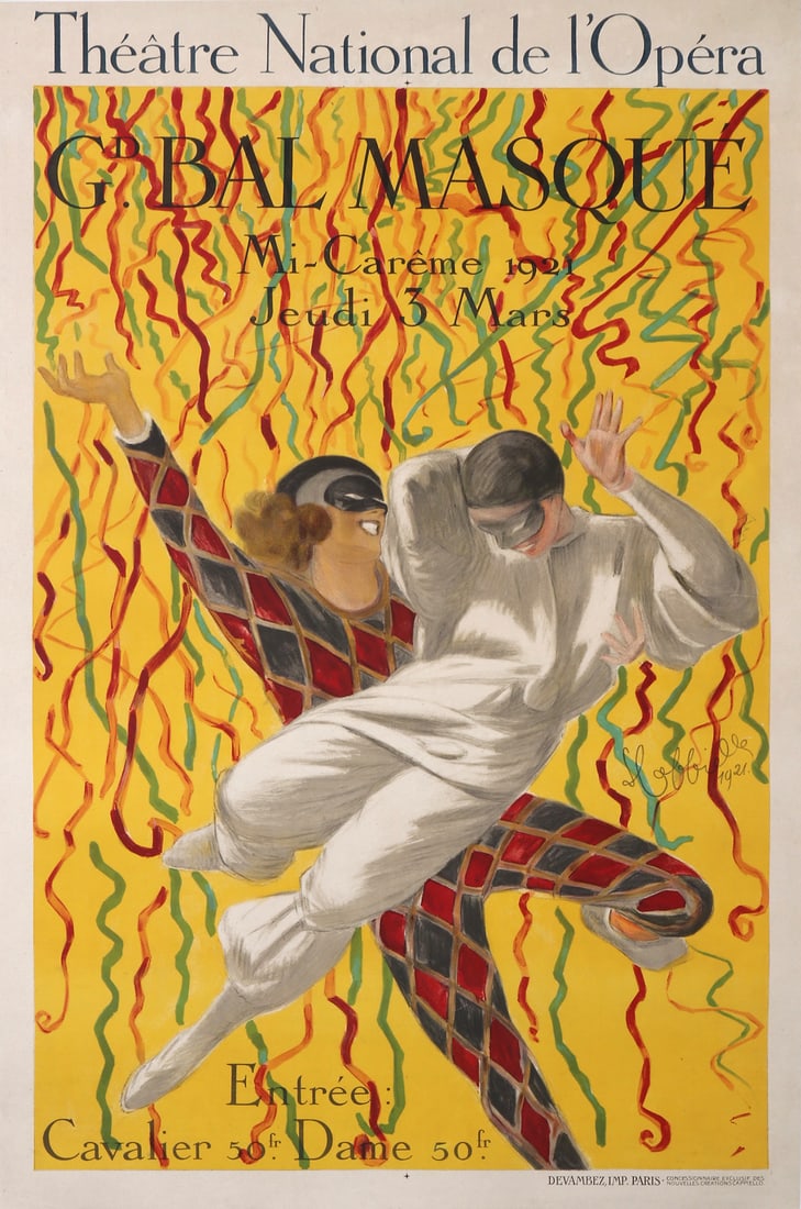 Original Vintage Cappiello Theatre National - Grand Bal Masque 1921: This vibrant and energetic poster was created to promote the Bal Masqué (Masked Ball) held at the Théâtre National de l’Opéra in Paris during the Mi-Carême festivities, a traditional mid-Lent