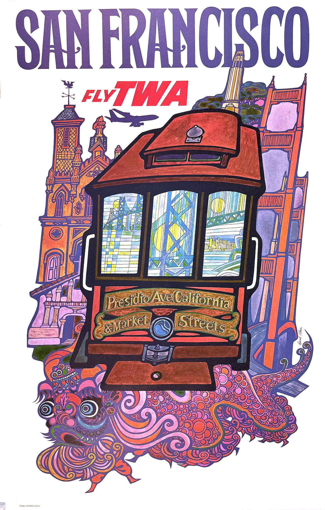 Original Vintage David Klein Fly TWA San Francisco Presidio Poster C1965 (1 of 1)
