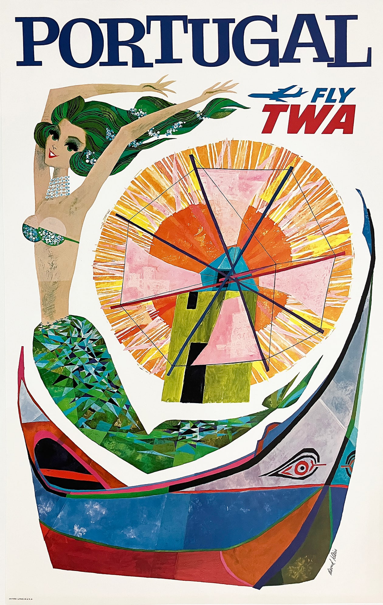 Original Vintage Fly TWA Jets Portugal Poster by David Klein c1960 (1 of 1)
