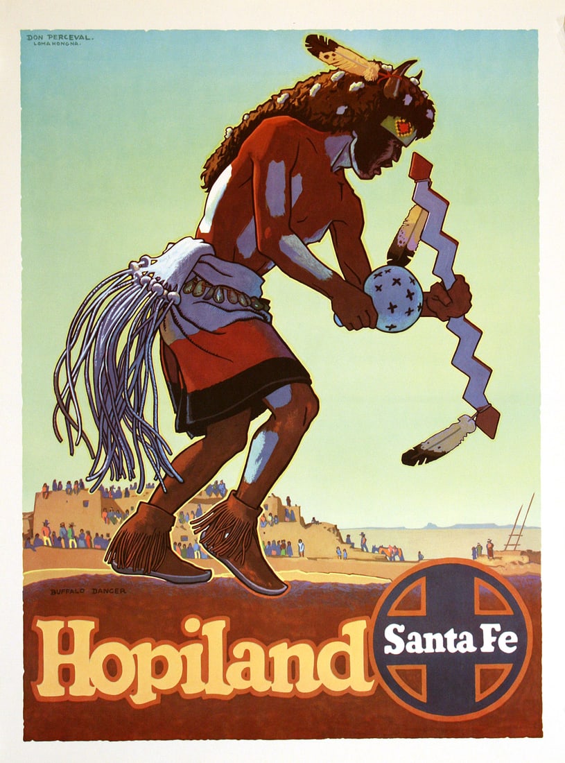 Original Vintage Santa Fe Railroad Poster c1950 - Hopiland by Don Perceval: Santa Fe Railway was founded in 1859. The company helped settle the mid-west in the later part of the 19th Century by selling real estate and farm land sanctioned by Congress. They became the second t
