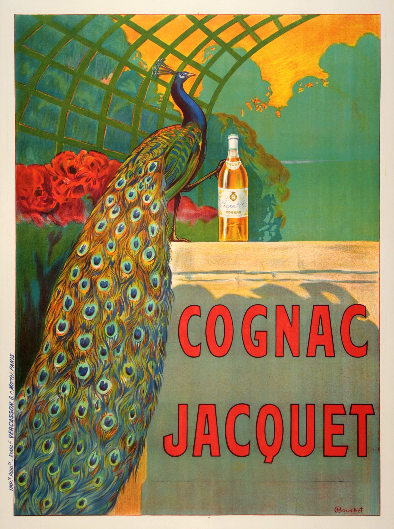 Original Vintage Cognac Jacquet Poster c1910 French Peacock by Camille Bouchet: This is a gorgeous art nouveau poster from the original printing around 1910. The peacock elegantly rests a single talon on the bottle of brandy, while simultaneously displaying his colorful tail. We 