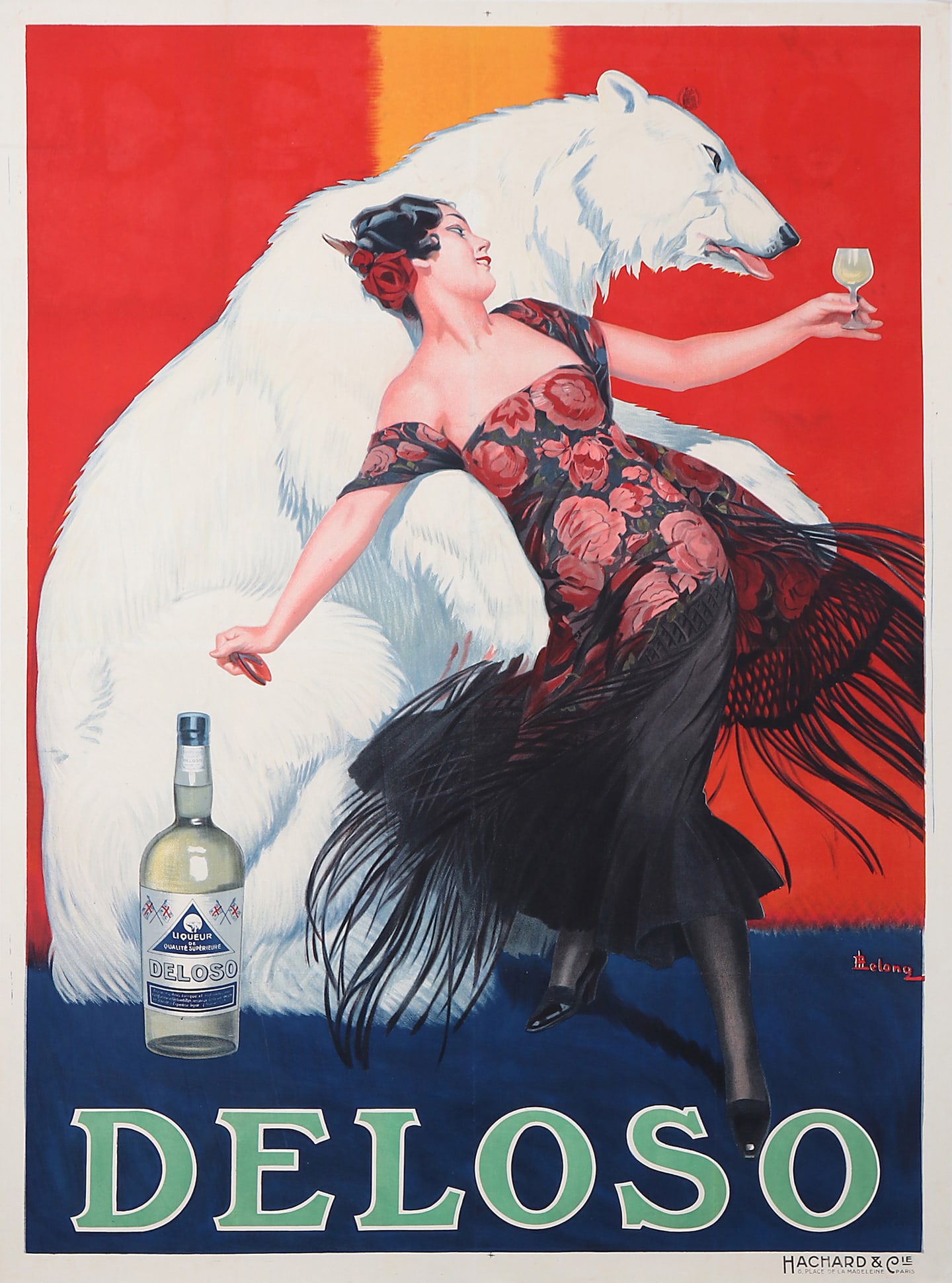 Original Vintage Anis Deloso Poster by Rene Lelong 1927: This striking and theatrical advertising poster for Anis Deloso presents a bold and memorable composition centered around a glamorous, elegantly dressed woman dancing with carefree abandon while holdi