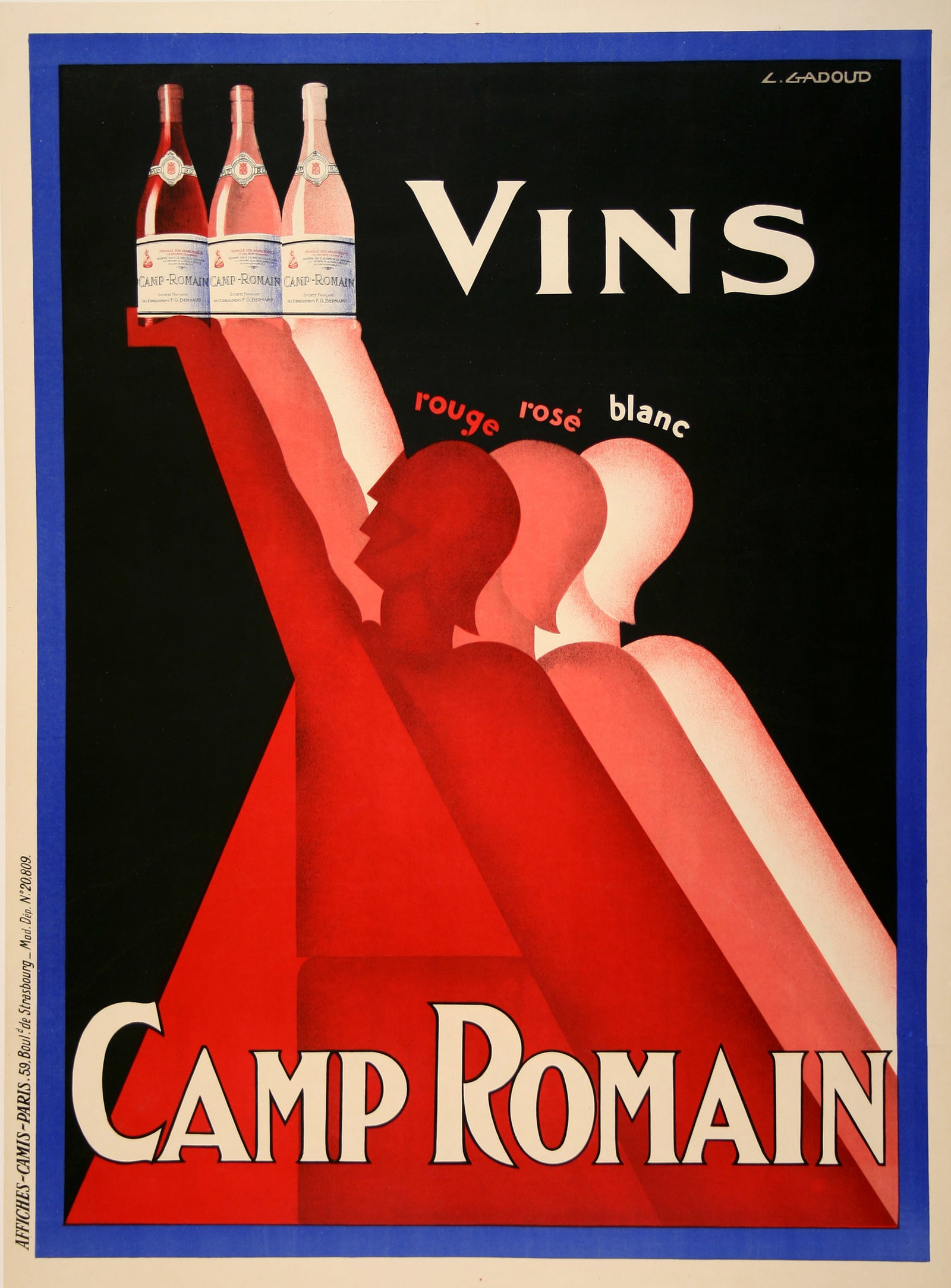 Vins Camp Romain by Gadoud Original Vintage Art Deco Poster c1930: This striking art deco style poster was printed C1930 as an advertisement for Vins Camp Romain. Vins Camp Romain, which translates to ‘Camp Roman Wine', was produced in Laudun, France which is in th