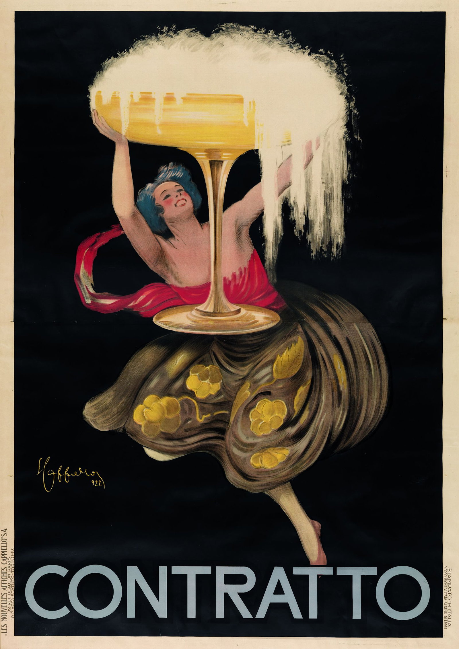 Original Italian Contratto Sparkling Wine Poster by Cappiello 1922 Large Format: This famous image is by celebrated poster artist Leonetto Cappiello. This particular poster is from the first printing in 1922. We see an elegant, dreamy image that pops against the black background, 
