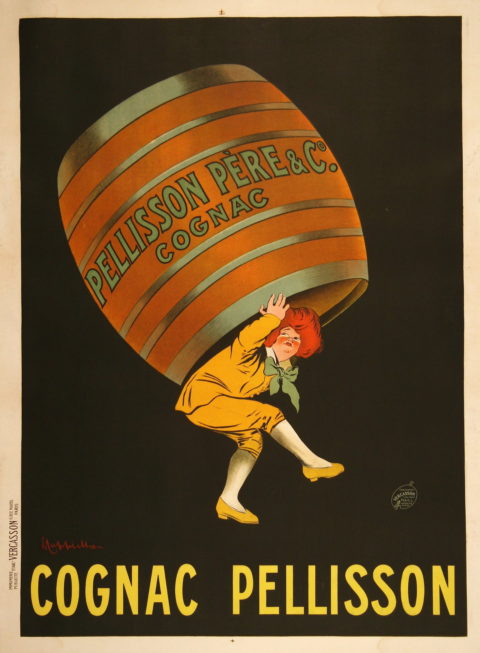 Original Vintage Cognac Pellisson Large Poster by Leonetto Cappiello c1920: Cognac Pellison is a French liquor poster created in the 1920's by the legendary artist, Leonetto Cappiello (1875-1942). It is a typically whimsical Cappiello design featuring the oversized keg of Cog