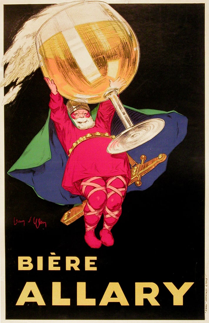 Original Vintage Biere Allary Poster Carton by Jean Dylen c1925 Beer: This charming design was created in the 1920's by the very talented artist Jean D'Ylen. We see the nobleman hoisting up the oversized mug of Biere Allary to emphasize the rich full taste of the beer. 