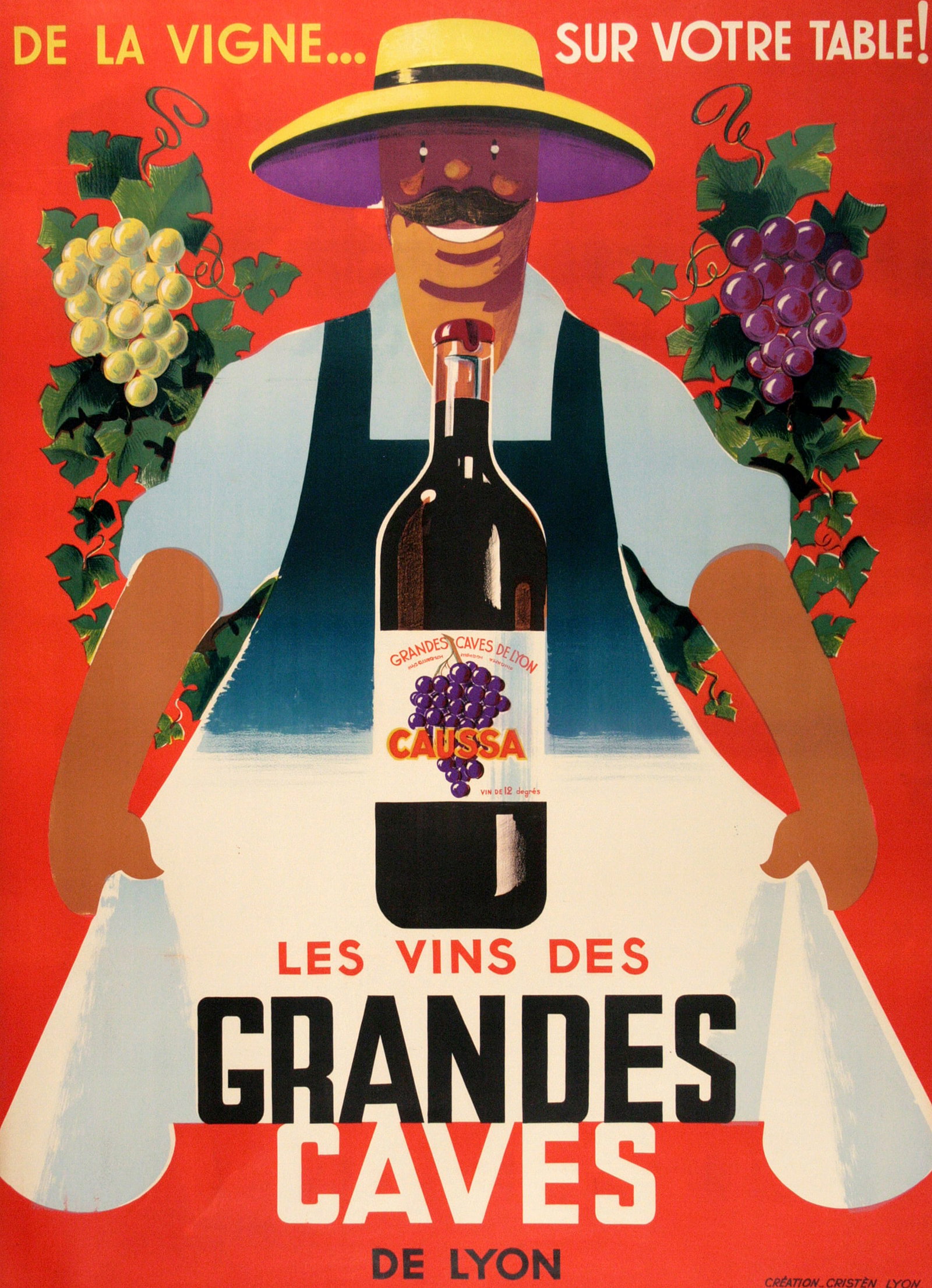 Original French Vintage Poster Circa 1950 for Grandes Caves Wine: In this bold graphic style poster we see the happy wine maker offering the viewer the wines of the Grandes Caves of Lyon, France. The product appears to be robust and full-bodied, and comes in both wh