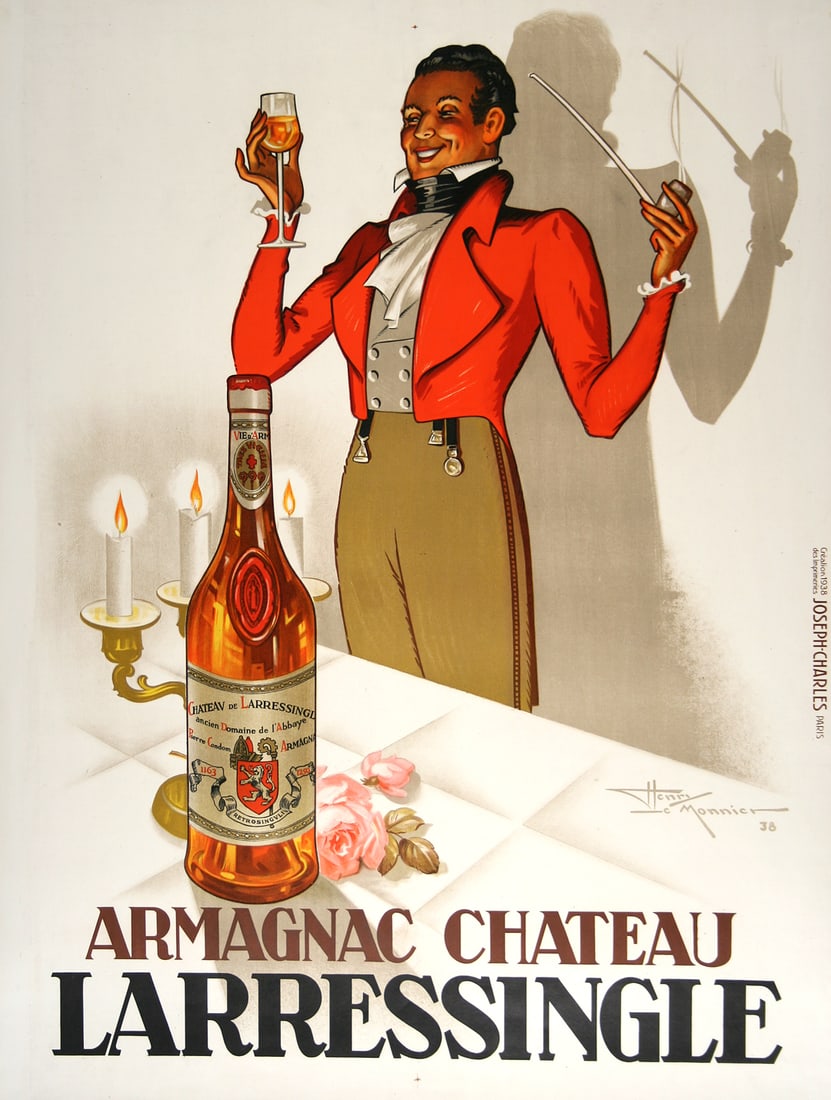 Original Vintage L'Arresingle Armagnac Poster by Henri LeMonnier 1938: This elegant French advertising poster promotes Armagnac Château Larressingle, presenting the celebrated brand through a refined scene of ritual, taste, and sophistication. The theatrical pose, crisp
