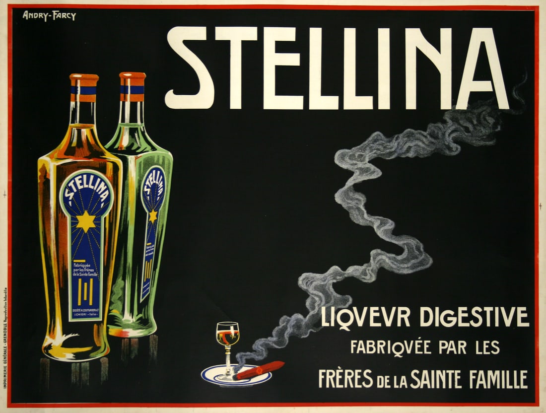 Original Vintage Stellina Poster by Andre Farcy c1930: This striking and atmospheric poster for Stellina Liqueur Digestive is a superb example of early twentieth-century French advertising, combining bold typography, dramatic contrast, and refined graphic