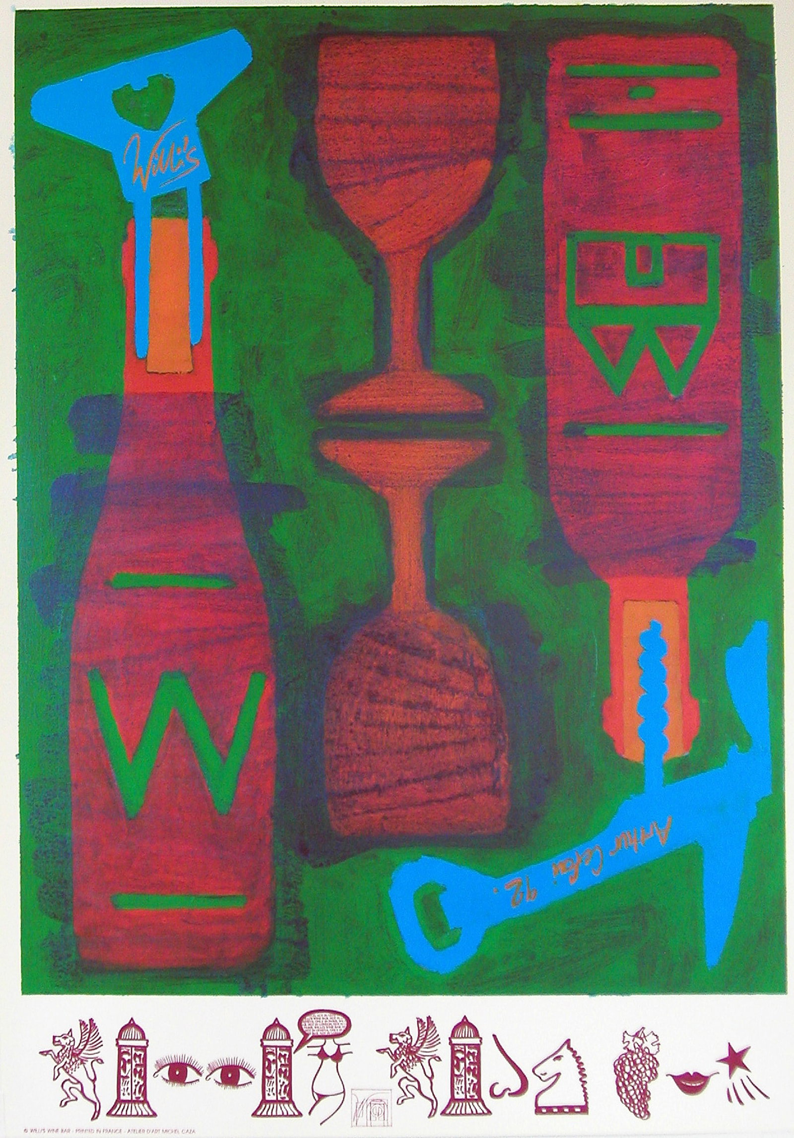 Original Vintage Willi's Wine Bar Poster by Cefai 1992 Paris: This is an original lithographic poster printed on heavy weight paper. It was created for the well known Wine Bar called Willi's located in the heart of Paris. Each year they commssion a noted artist 