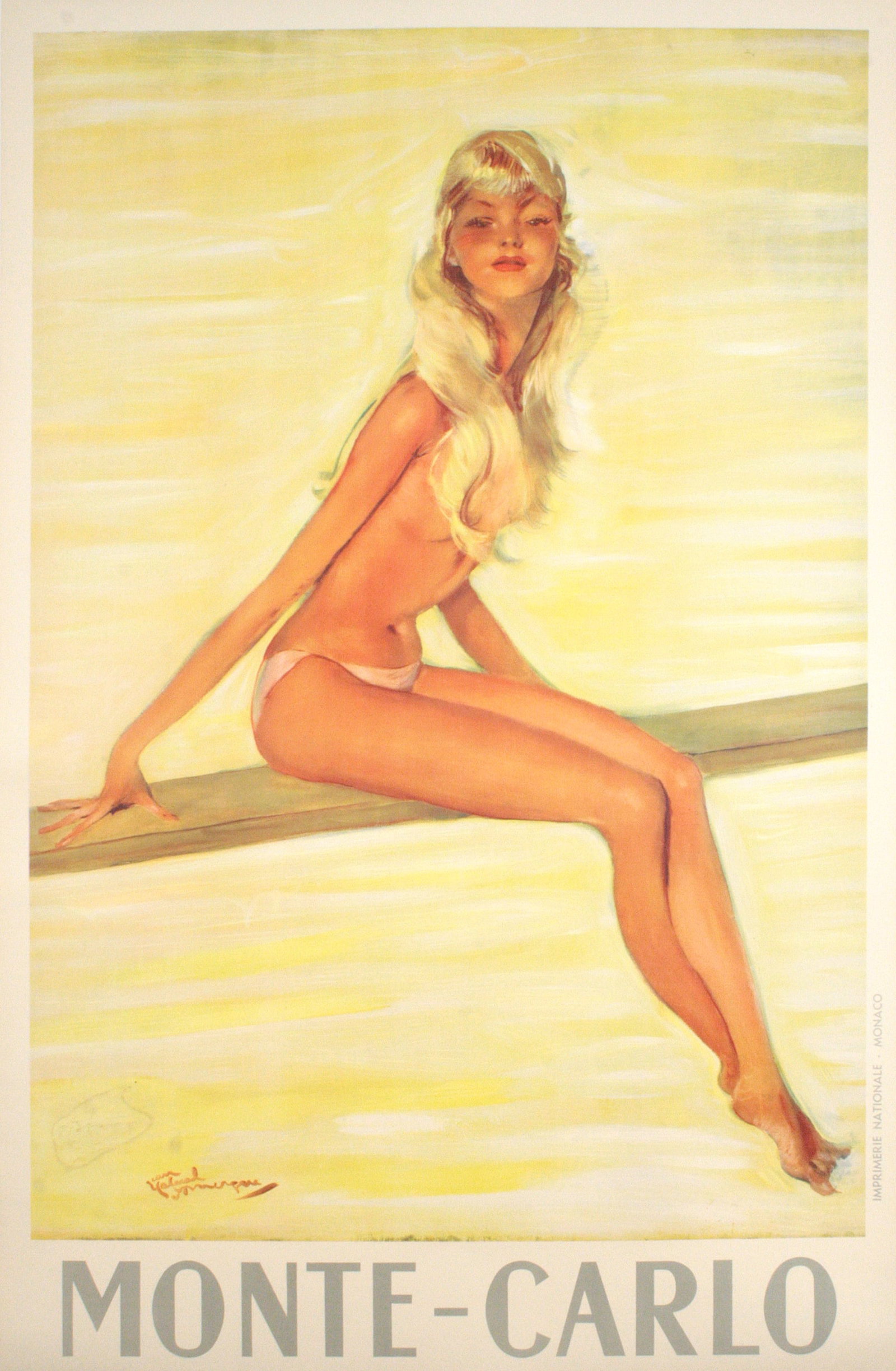 Original Vintage Monte Carlo Blonde Girl Poster by Domergue c1950 Diving Board: This Monte-Carlo poster by Jean-Gabriel Domergue embodies the effortless elegance and sun-soaked allure of the French Riviera, distilled into a single, captivating figure. Seated gracefully on a divin
