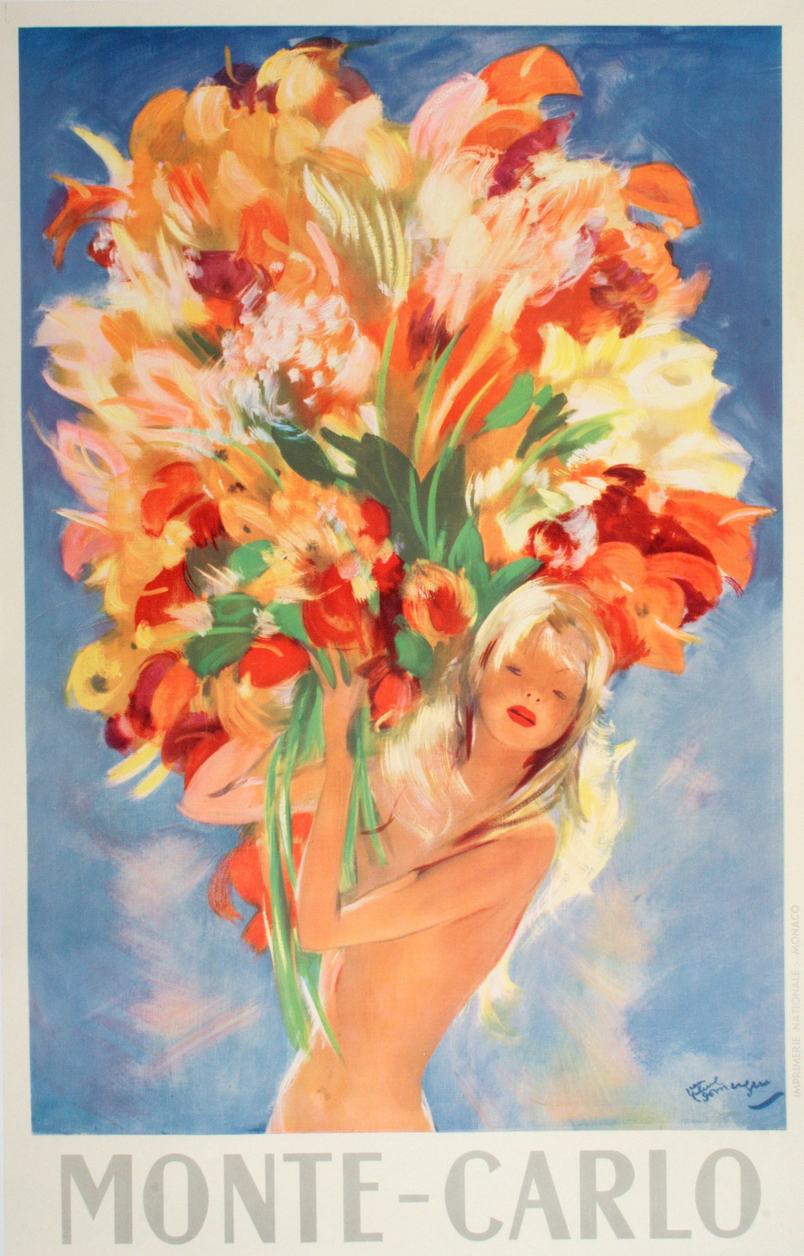 Original Monte Carlo Girl Holding Flowers Vintage Poster by Domergue c1950: This Monte-Carlo poster by Jean-Gabriel Domergue captures the effortless glamour and sensual sophistication of the Côte d’Azur during the height of its allure in the early 20th century. Dominating 