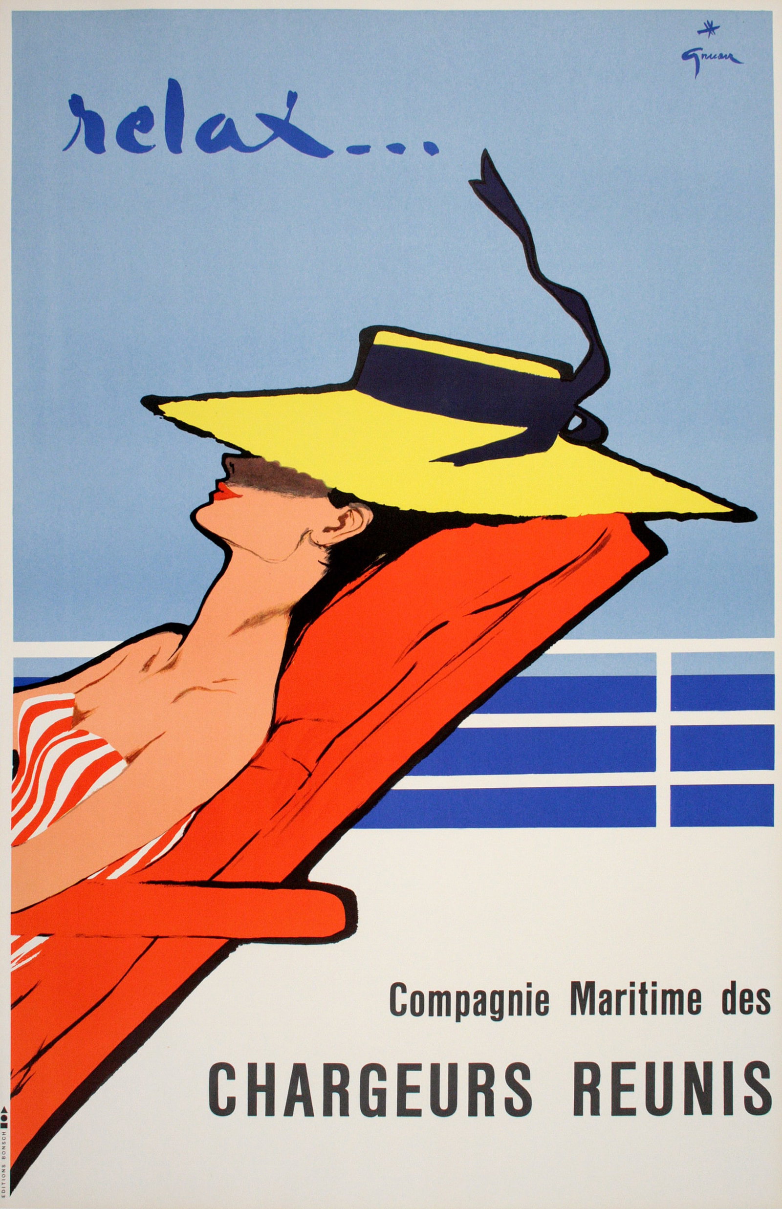 Rene Gruau Original Vintage French Poster 1961 - Relax for Chargeurs Reunis: This 1961 Relax poster by artist Rene Gruau which reads Compagnie Maritime des Chargeurs Reunis (Company of United Shippers) is an image which presents a relaxing maritime scene. The poster, an advert
