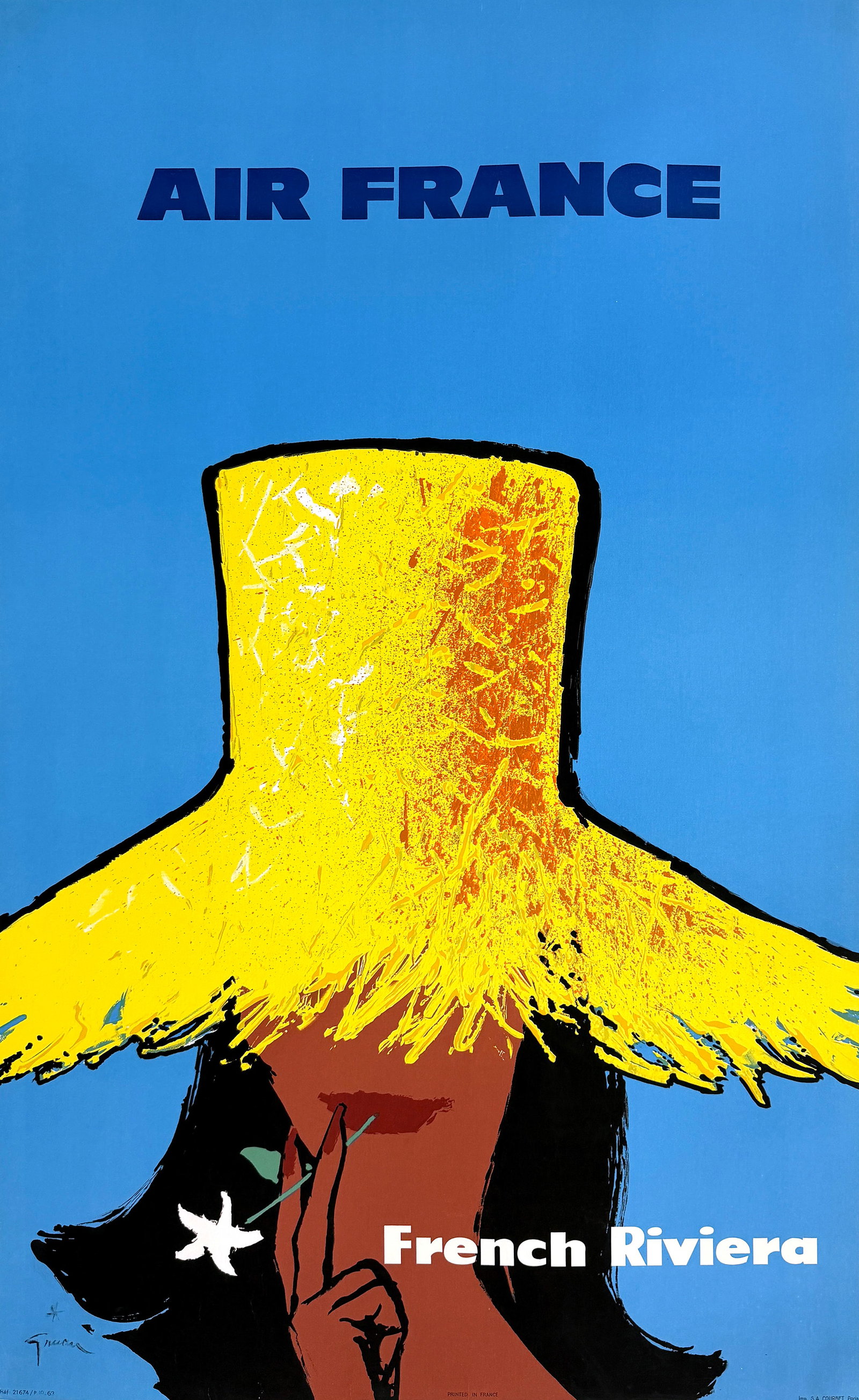 Original Vintage Rene Gruau Air France - French Riviera Poster 1962 Straw Hat: This striking Air France – French Riviera poster by René Gruau captures the effortless glamour and mystique of mid-century jet-age travel. Gruau’s masterful use of bold color contrasts and simpli