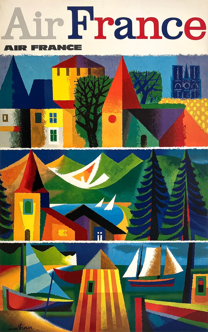 Original Vintage Air France Poster by Jacques Nathan 1965 Collage: This clever Air France poster hihglights the variety of bucolic locations the airline can take you throughout the world - from the cathedrals of France to the Swiss countryside and the maritime beauty