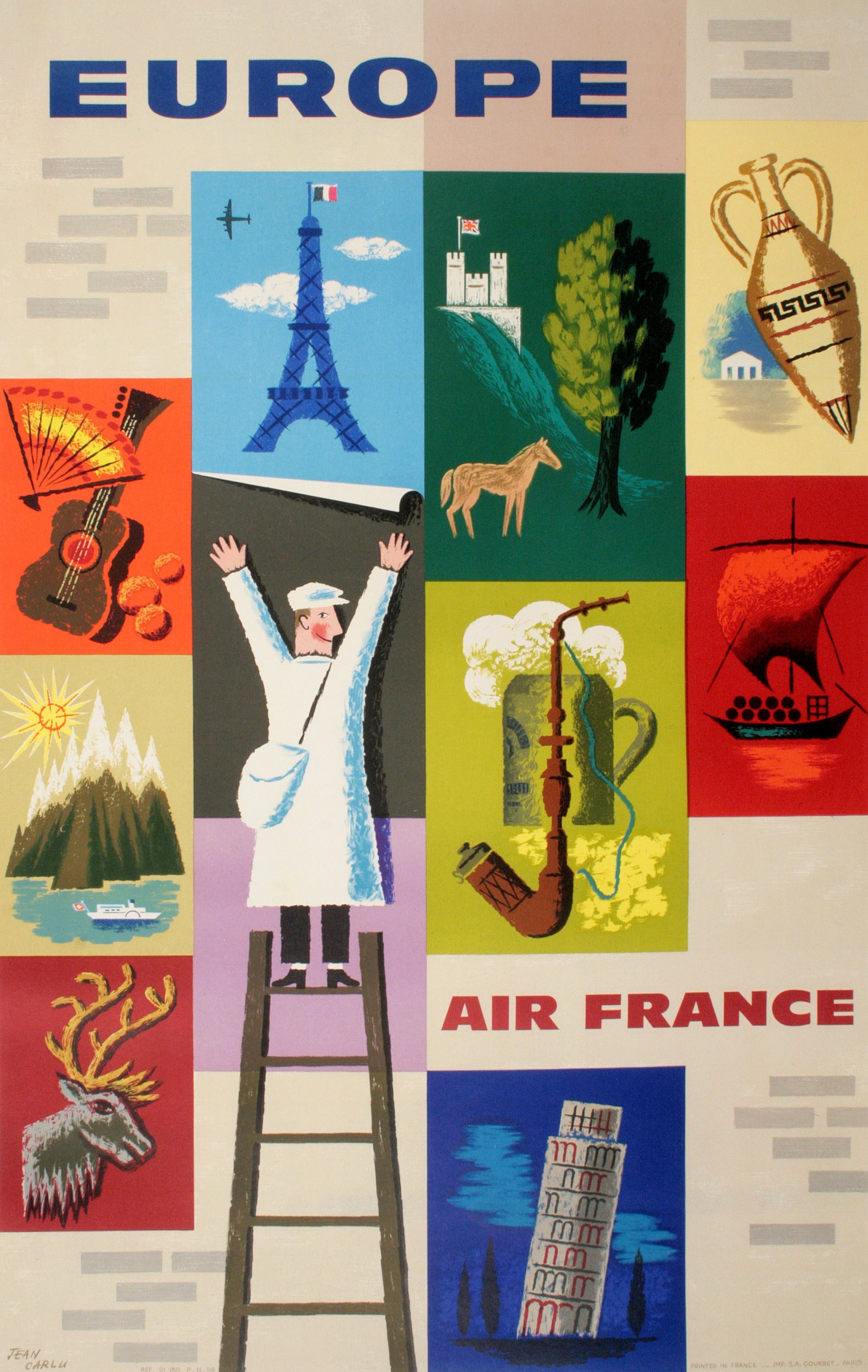 Original Vintage Air France Europe Travel Poster 1957 by Jean Carlu: In the post-World War ll era, Air France was rapidly expanding its routes for commercial air travel. This expansion was heavily promoted by the effective use of original posters created by great artis