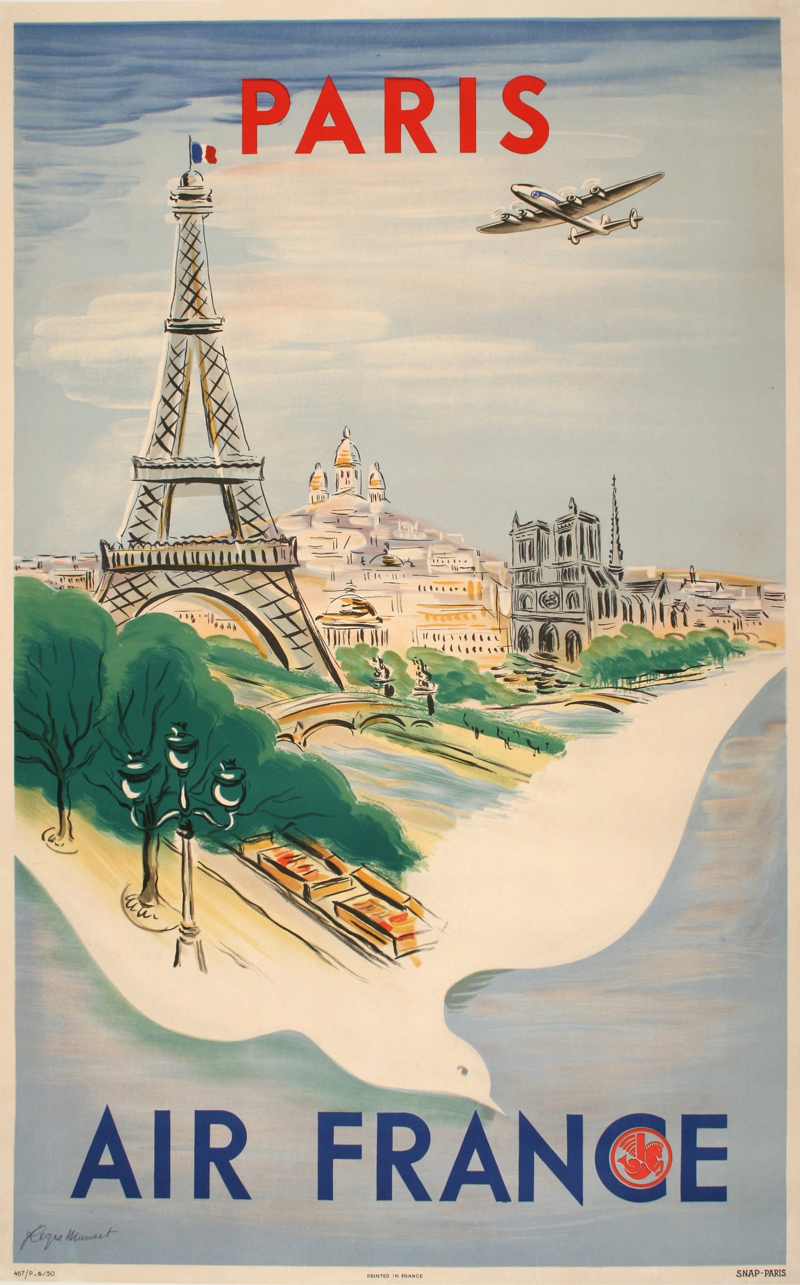 Original 1952 Air France Poster for Travel to Paris by Regis Manset 1952: This Air France “Paris” poster by Régis Manset beautifully captures the romance and accessibility of postwar travel to one of the world’s most iconic cities. Rendered in a light, painterly 