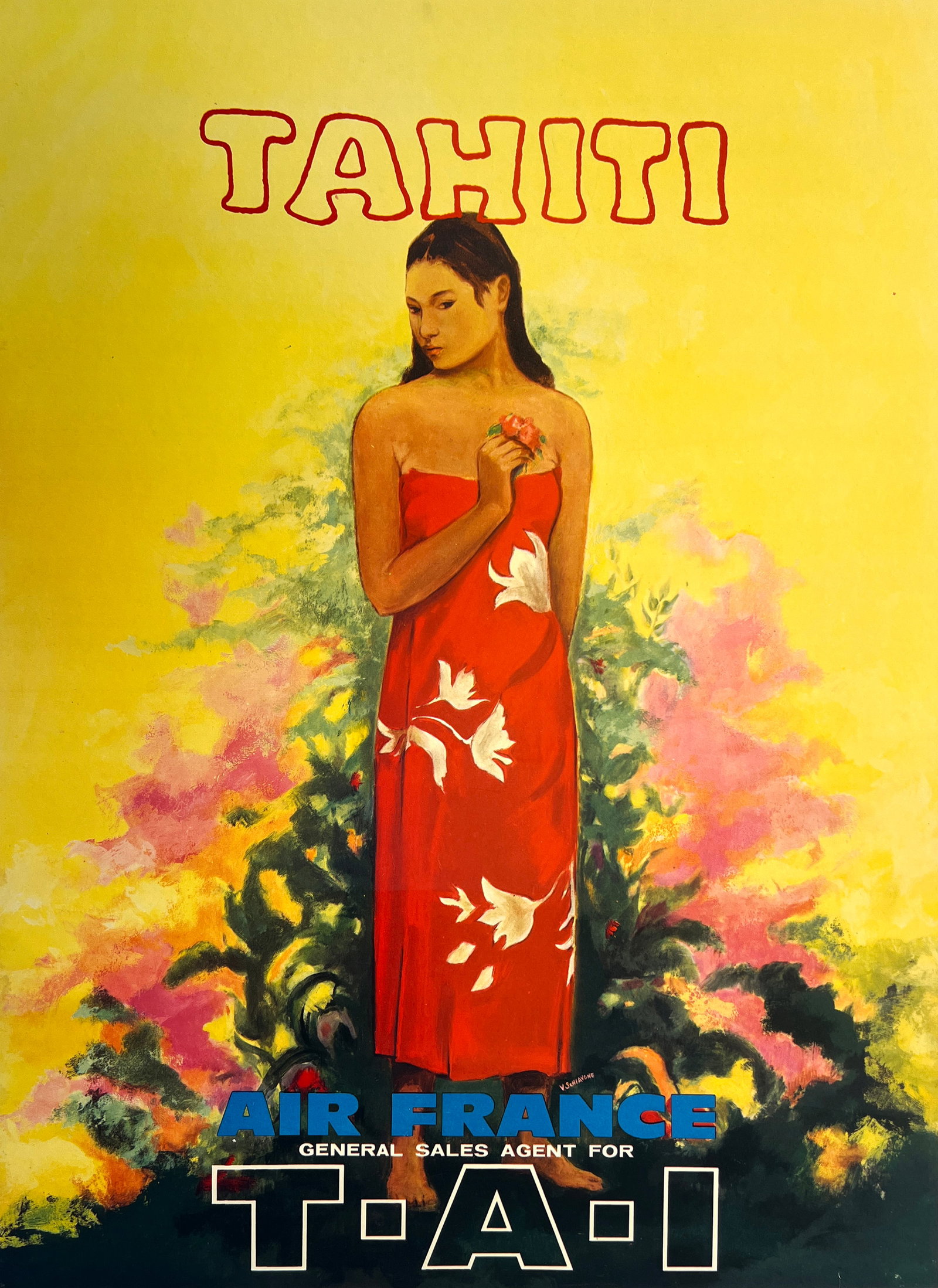 Original Vintage Air France - Tahiti T.A.I. Poster by Schiavone C1960: This striking mid-century aviation poster presents a dynamic vision of global air travel, combining bold graphic design with a sense of modern connectivity that defined the golden age of flight. The c