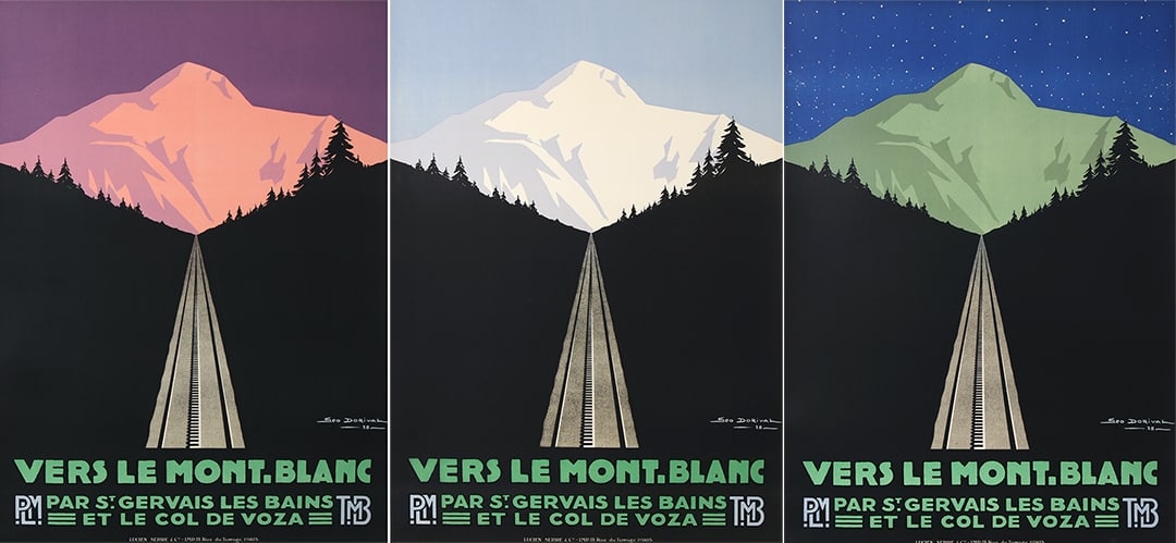 Original Triptych of Vers le Mont Blanc Posters by George Dorival 1928: This is a dramatic, minimalist series of France's famed Mont Blanc, framed between the silhouetted slopes of tree-lined hills. The graphic, zipper-like train track serves to both open up the mountain 