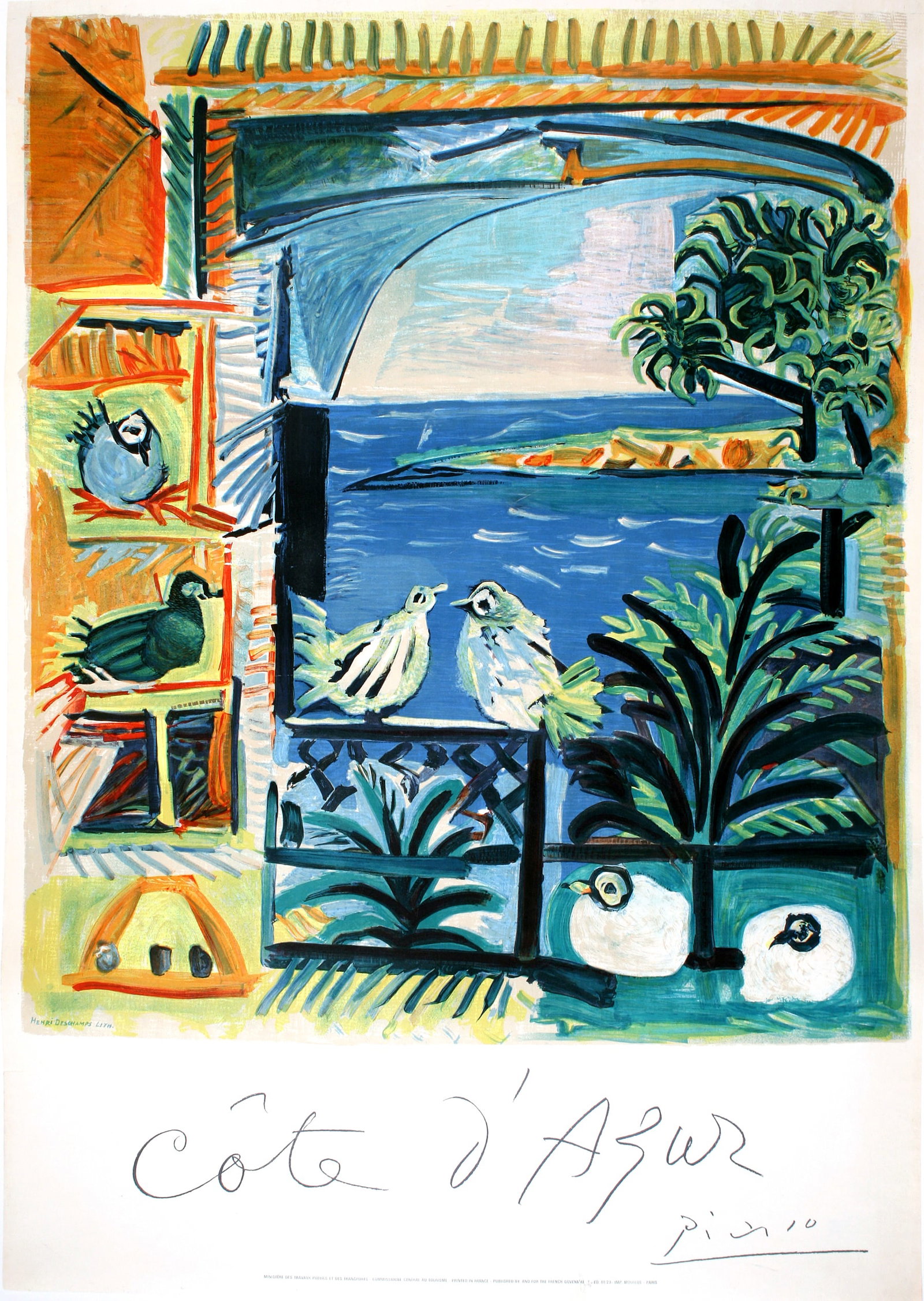 Original Vintage Pablo Picasso 1962 French Travel Poster Cote D'Azur: The French Riviera has always a popular travel destination and not just for the French. In this delightful image created for the Tourist Bureau, one of Pablo Picasso's images is used to suggest a visi