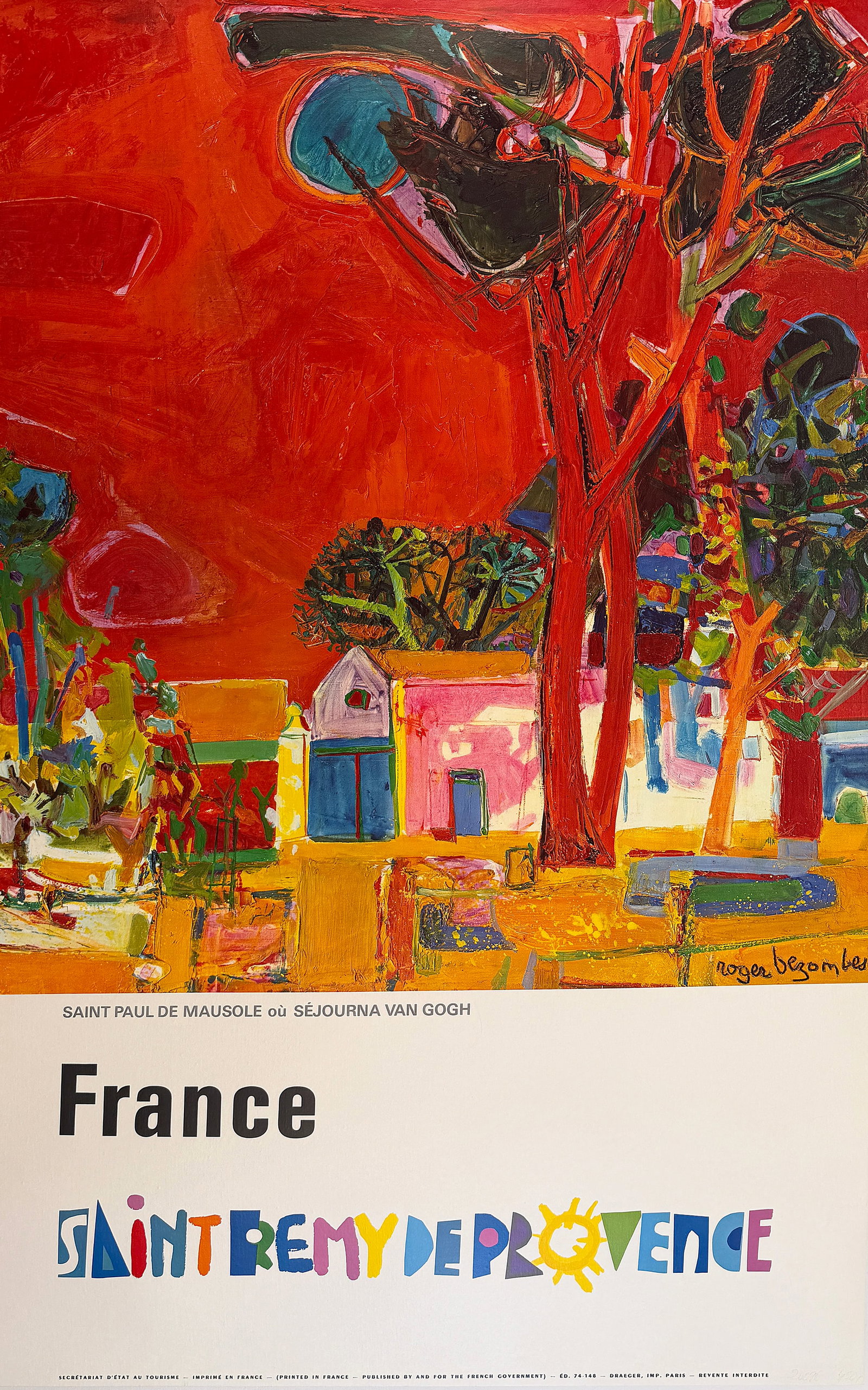 Original Vintage France Saint Remy de Province Poster by Roger Bezombes C1972: This vivid poster by Roger Bezombes presents an expressive, color-saturated vision of Saint-Rémy-de-Provence, capturing the intensity of light and atmosphere that has long inspired artists drawn to t