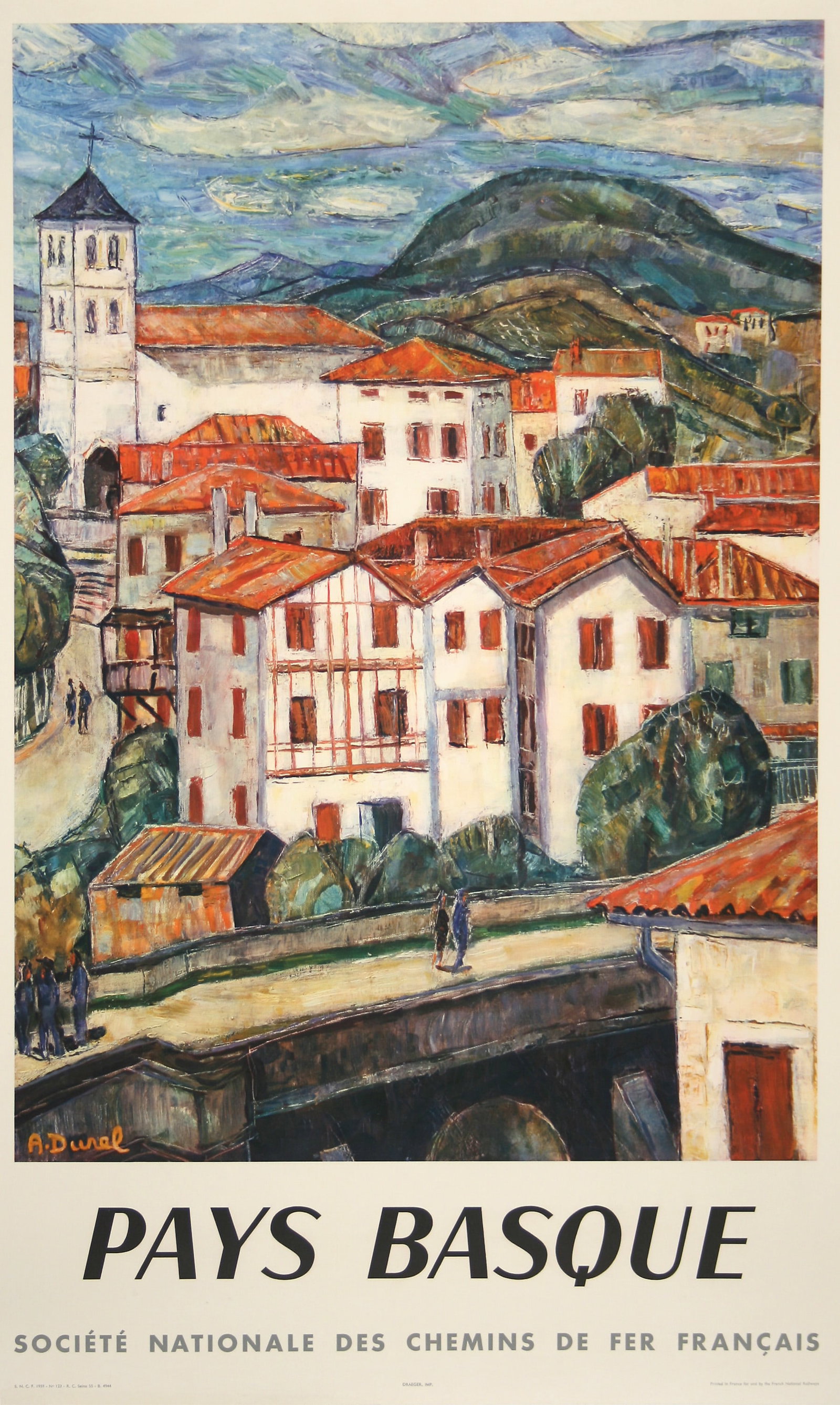 Original Vintage Travel Poster Pays Basque by Durel 1964 SNCF: SNCF-Pays Basque is a 1964 English language travel advertisement by Auguste Durel (1904-1993) for the French Railway. The French Railway is commonly known as SNCF, Societe Nationale de Chemin de Fer. 