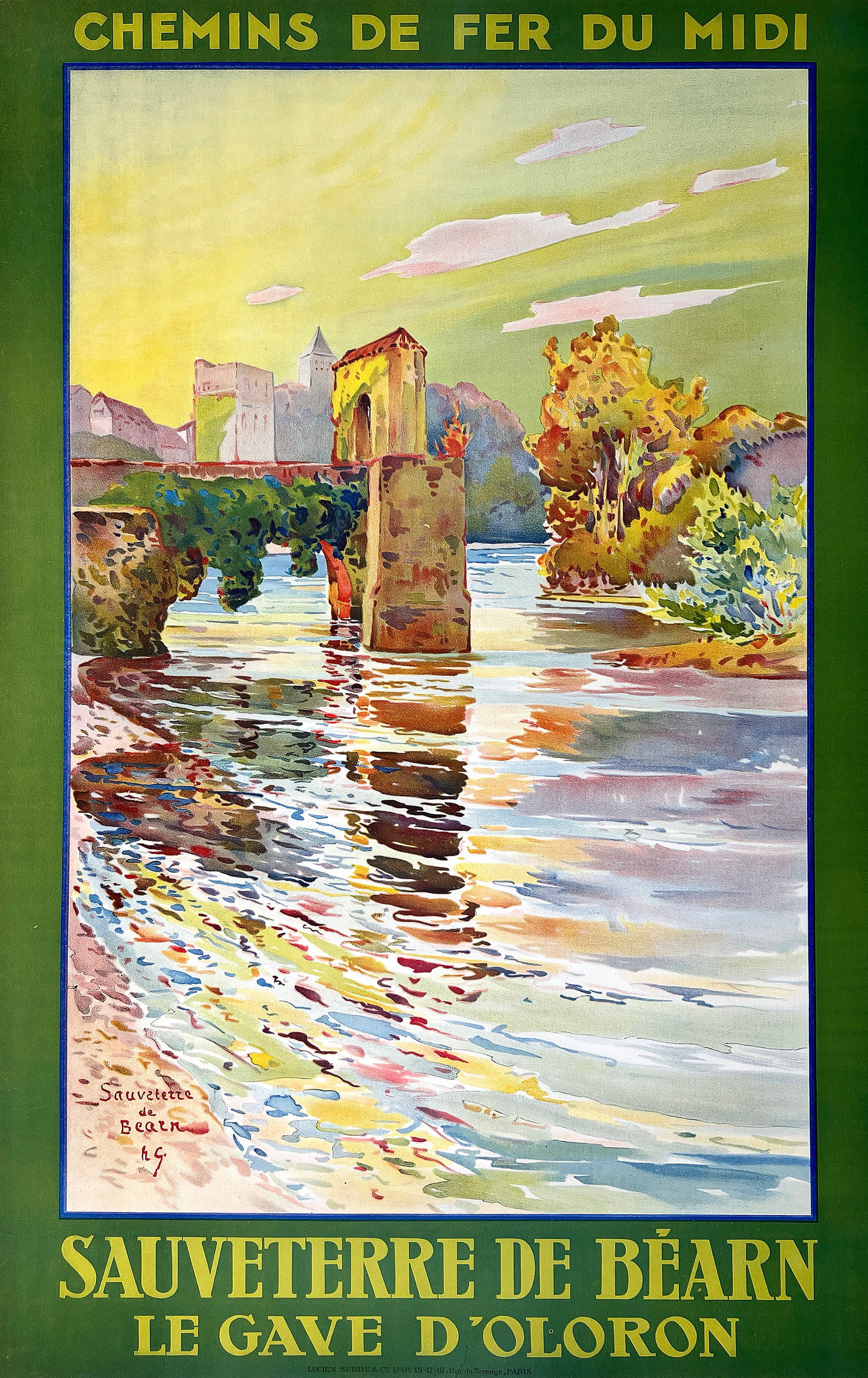 Original Vintage Sauveterre de Bearn French Poster C1915: This evocative French travel poster promotes the historic town of Sauveterre-de-BÃ©arn, situated along the Gave dâ€™Oloron river in southwestern France. Issued for the Chemi