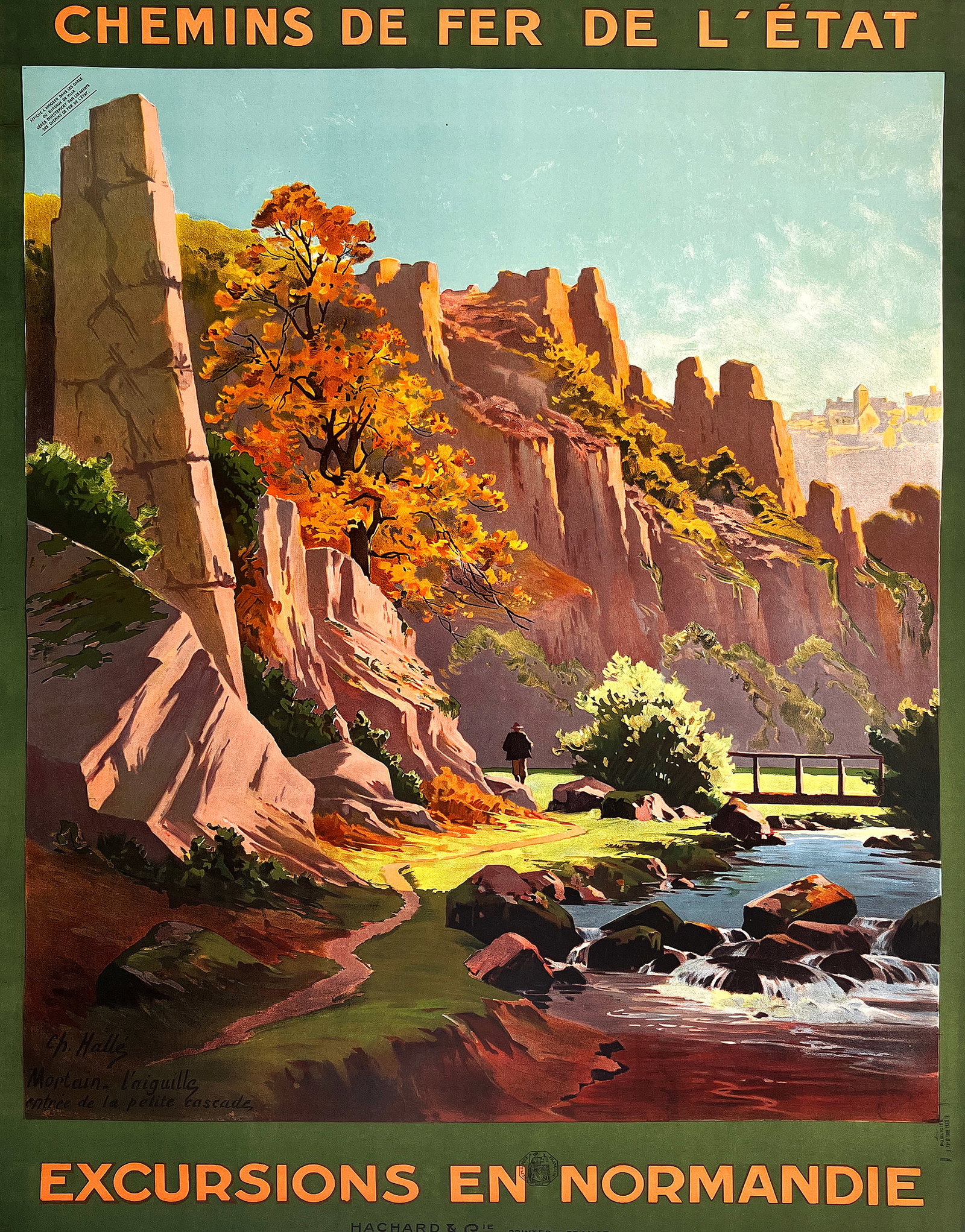 Original Vintage Excusions En Normandie Poster by Alo C1920: This evocative railway poster by Charles Halle, working under the name Alo, presents a romantic vision of the Norman countryside. Towering rock formations rise above a winding stream, framed by autumn