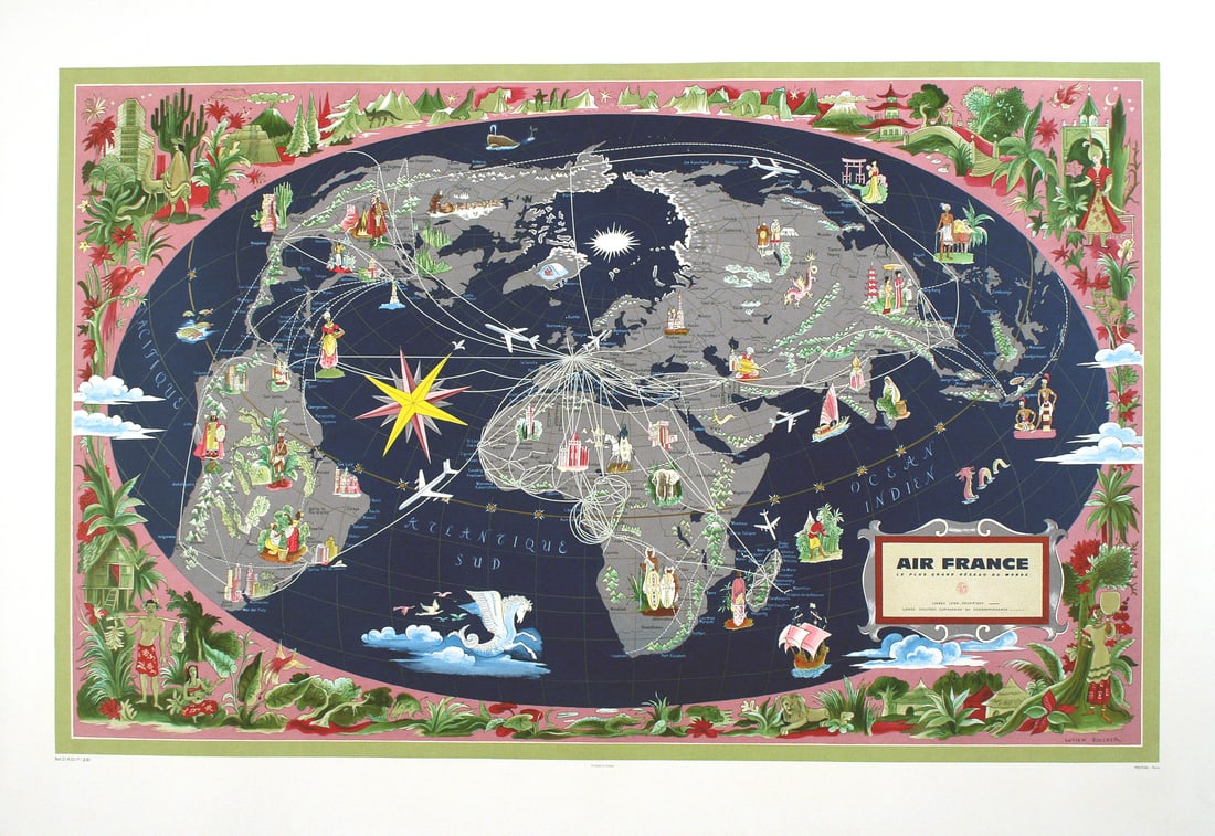 Original Vintage Air France Planisphere Poster Map 1959 by Lucien Boucher: Created in 1959 by the artist Lucien Boucher, Air France Map - Blue Pink is one of a series of eight posters commissioned by Air France. These “Planispheres” were first produced in 1934 and do