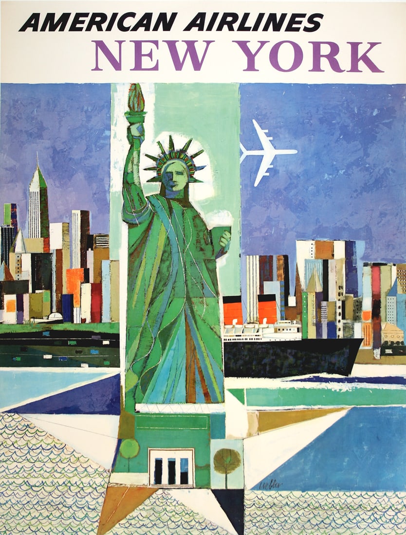 Original Vintage American Airlines New York Poster by Webber Statue of Liberty c1960: In this stylized image created in 1953 for American Airlines by Webber we see a stylized version of New York City, with the emblem of the Statue of Liberty as the main focal point. The city skyline un