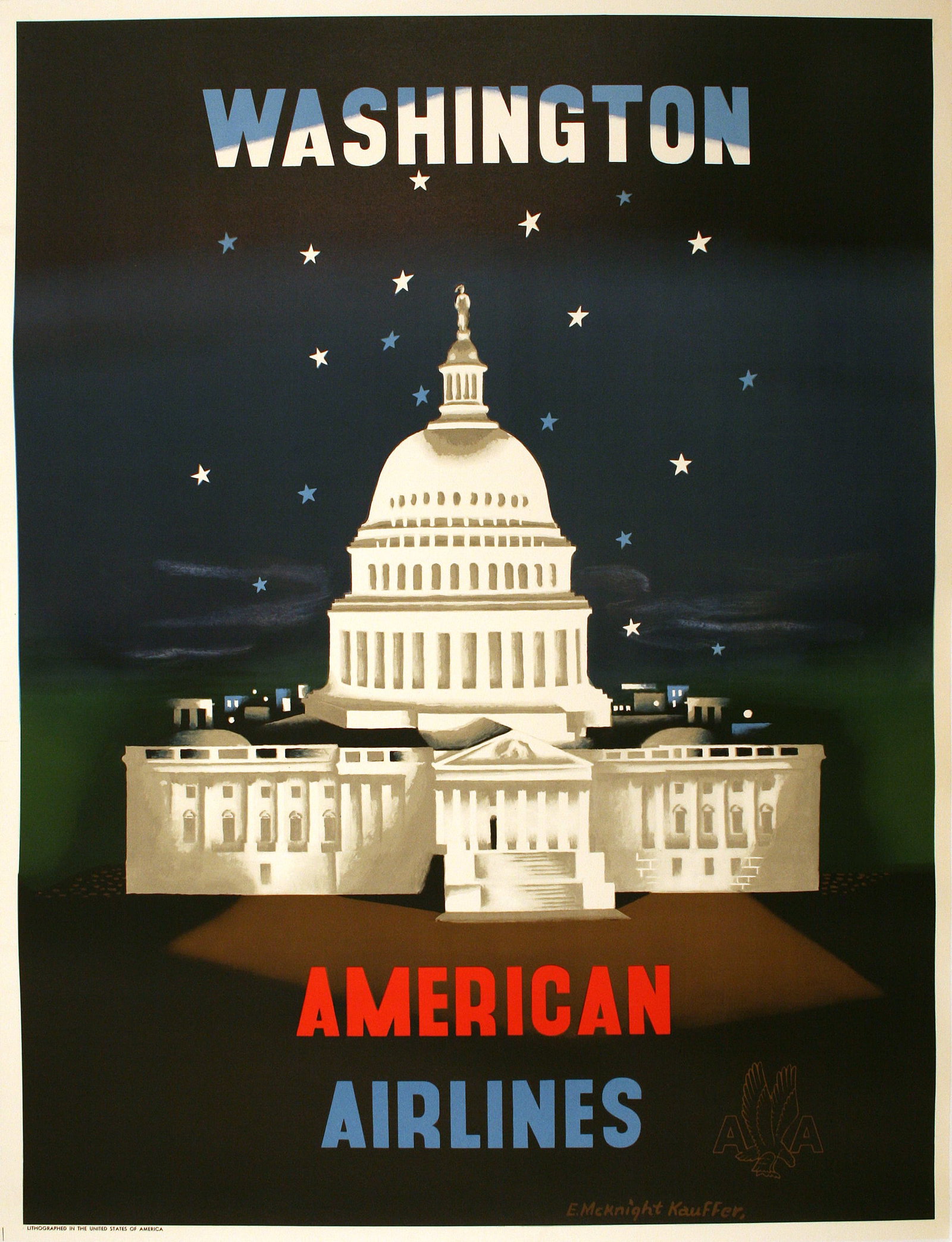 Original American Airline Poster c1955 Washington DC by E McKnight Kauffer: This image of the nation's Capital in Washington D.C. Is meant to entice passengers, during a time of national patriotism after World War II, to travel to our country's roots. The rich color palette a